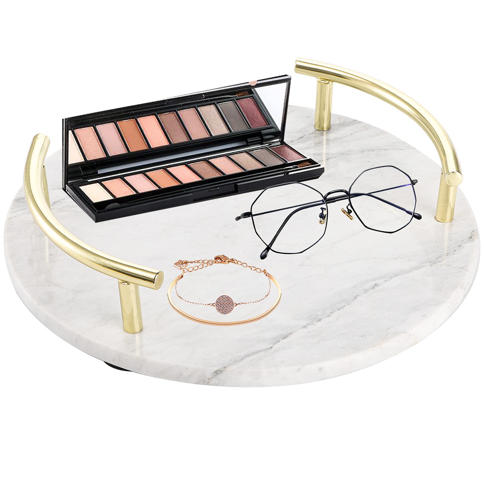TOPZEA 10 Inch Round Marble Vanity Tray with Gold Metal Handles - Jewelry & Perfume Organizer for Dresser, Nightstand, Bathroom Counter | Elegant Home Decor & Gift Idea for Women
