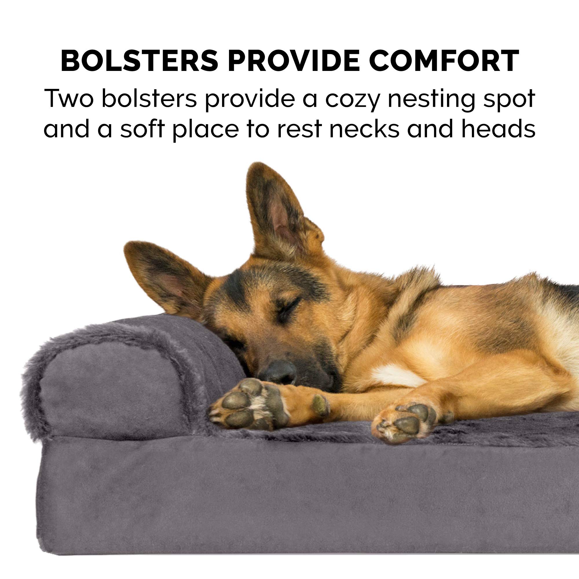 Furhaven Memory Foam Dog Bed for Small & Medium Dogs - Removable Bolsters & Machine Washable Cover - Plush Velvet L-Shaped Chaise Lounge - Supports Pets Up to 35 lbs - Platinum Gray (Medium Size) - Perfect for Living Room, Bedroom or Pet Nursery