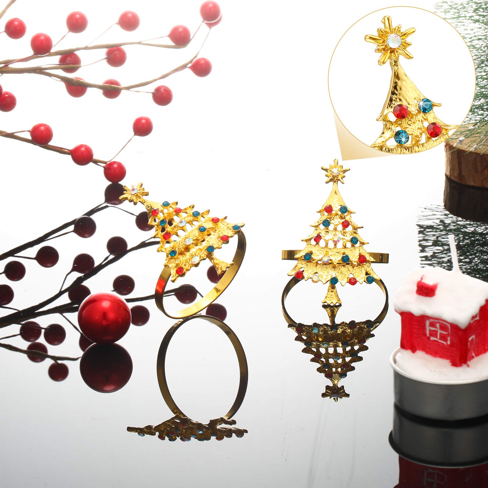Outus Set of 12 Christmas Tree Metal Napkin Rings - Gold Xmas Holiday Dinner Decor for Christmas Party, Wedding & Festive Table Settings
