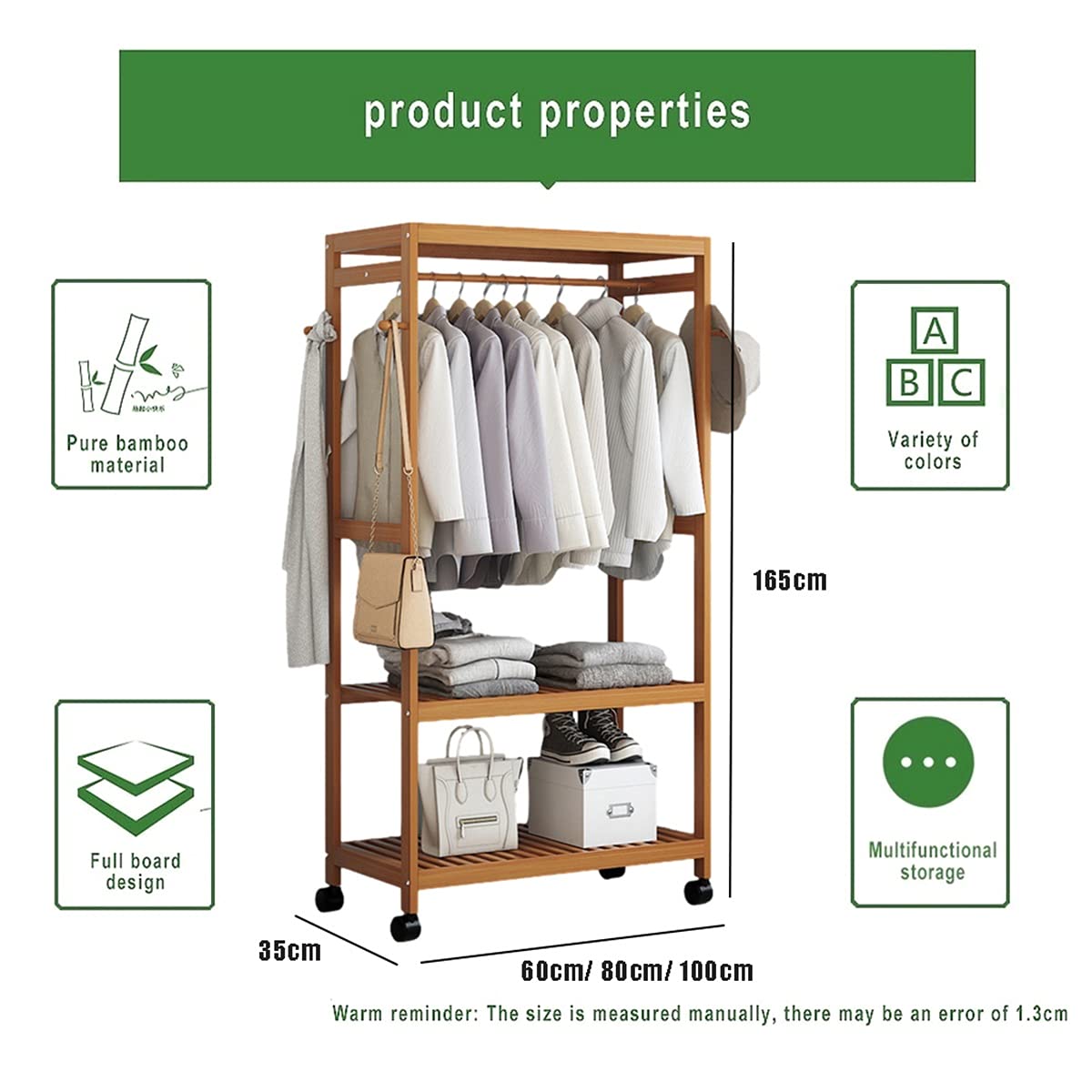 3-Tier Bamboo Clothing Rack with Wheels - 60CM Entryway Garment Organizer for Coats, Shoes & Clothes Storage | Perfect for Bedroom, Closet & Small Space Organization
