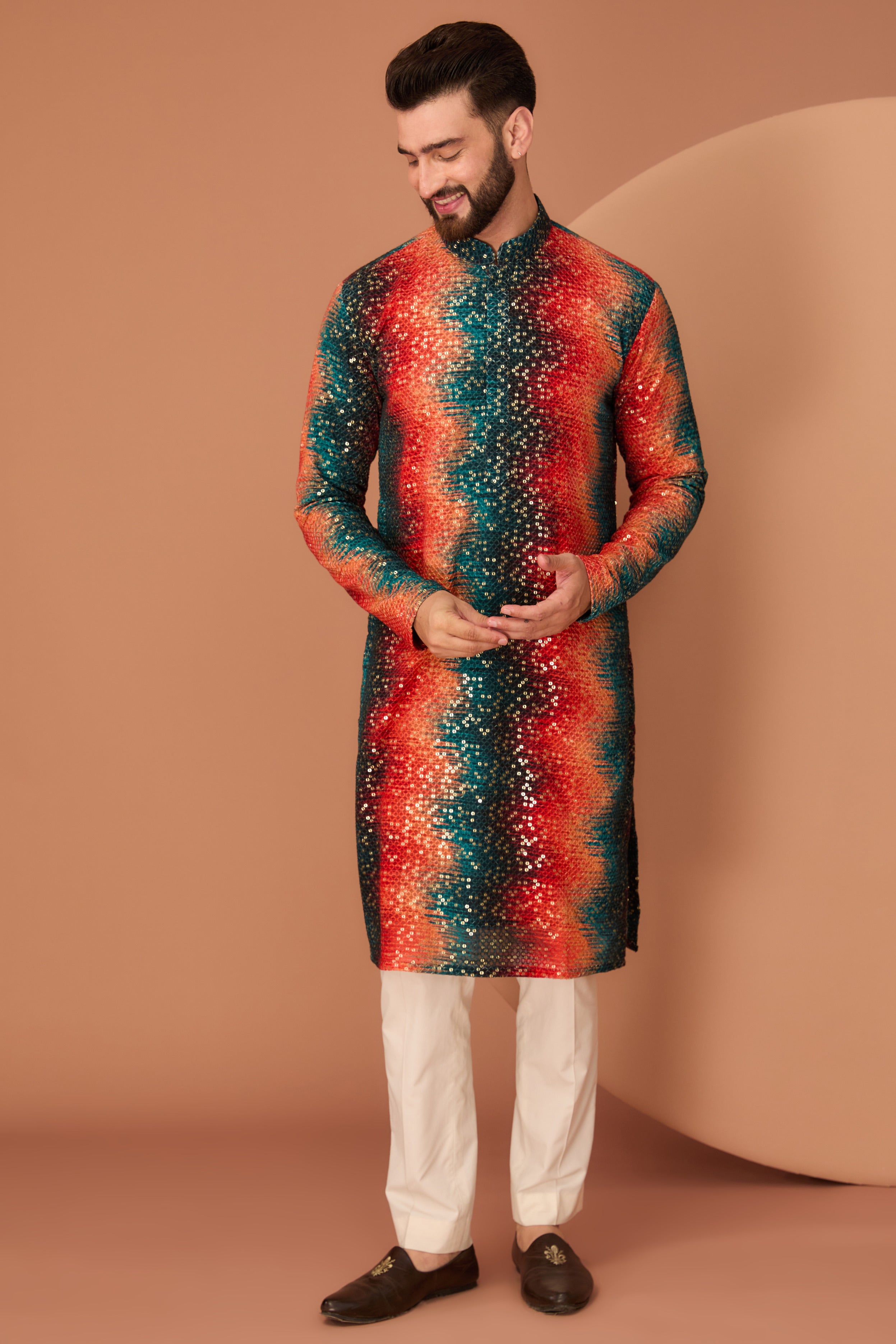 Stylish Orange and Teal Sequin Kurta for Women | Elegant Indian Party Wear | Perfect for Festivals, Weddings, and Special Occasions