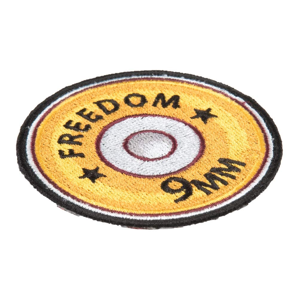 PatchStop 9MM Shell Gold Iron On Patches for Clothing & Jeans - 2.5 Inch Round DIY Sew On Embroidered Patches for Jackets, Bags & Hats - Decorative Ammunition Patches for Military Style, Cosplay & Biker Fashion