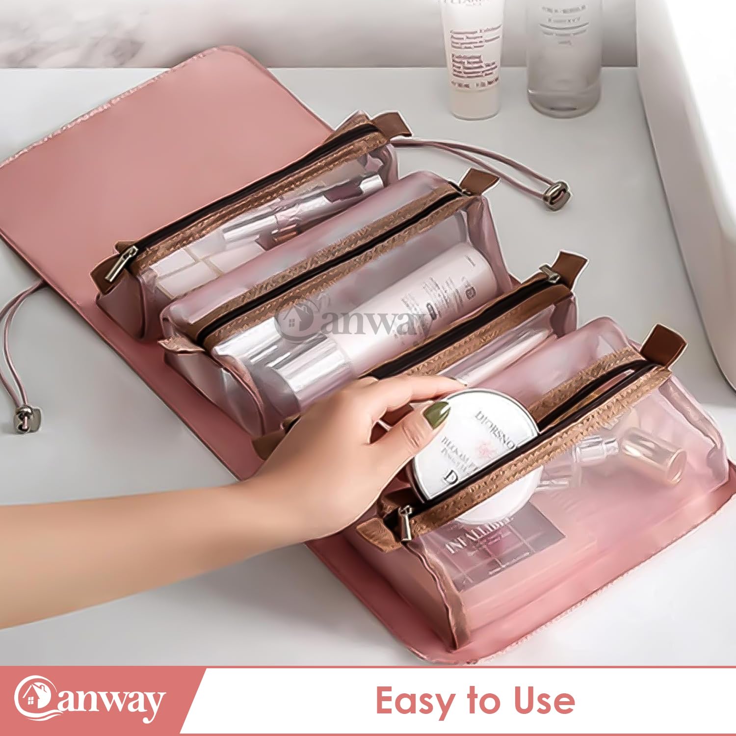 CANWAY® 4-in-1 Foldable Hanging Cosmetic Organizer - Travel Toiletry Bag for Women, Pink | Perfect for Bathroom Storage, Makeup Organization & Suitcase Packing