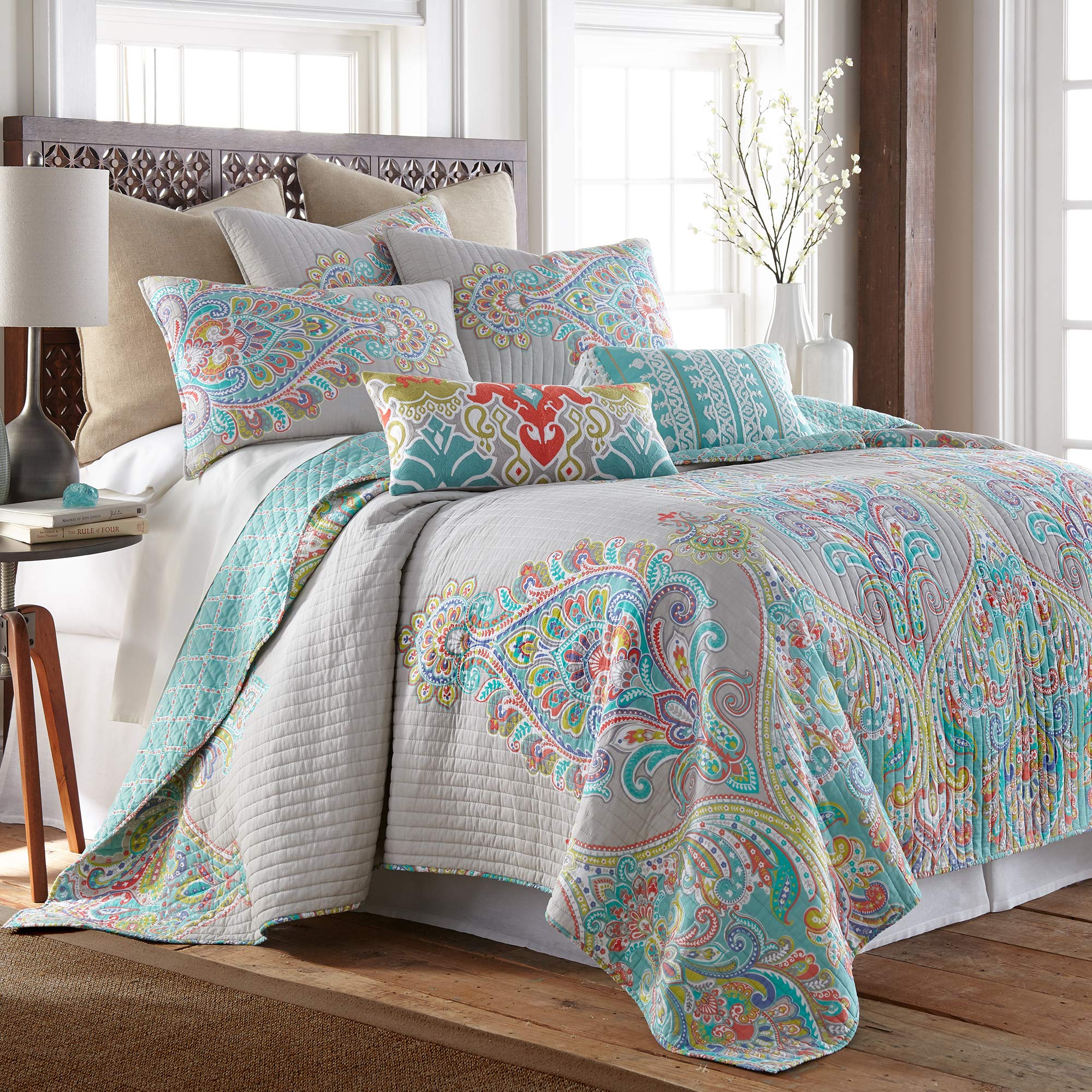 Levtex Home Deniza King Quilt Set - 100% Cotton Paisley Pattern Bedding in Grey, Teal & Red | Luxury Comfort for Master Bedroom & Guest Room Decor