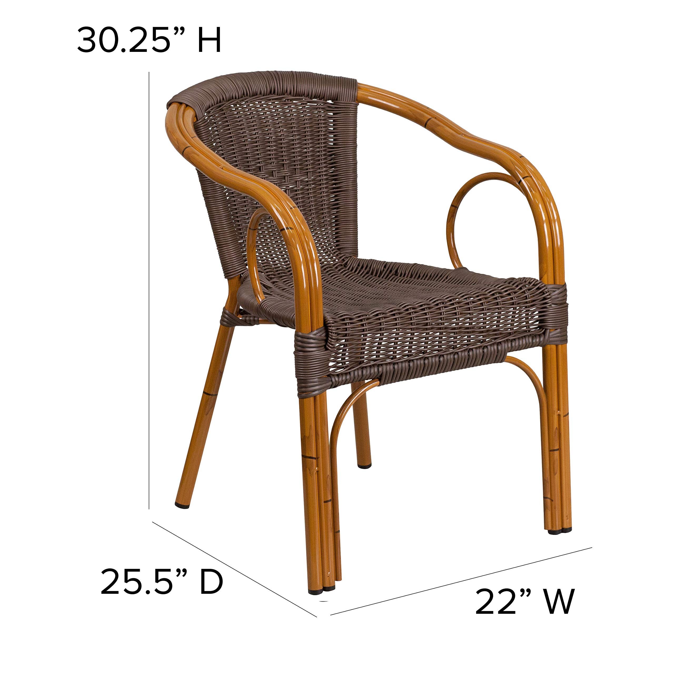 EMMA + OLIVER Dark Brown Rattan Patio Chair with Red Bamboo-Aluminum Frame - Outdoor Dining, Poolside Relaxation & Garden Decor
