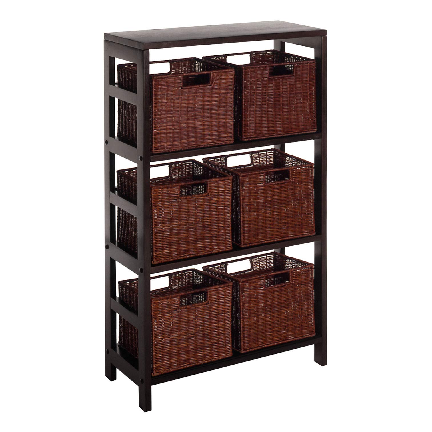 Winsome Wood Leo 4-Tier Wooden Shelf with 6 Rattan Baskets - Espresso Finish | Storage Organizer for Living Room, Bedroom, or Bathroom