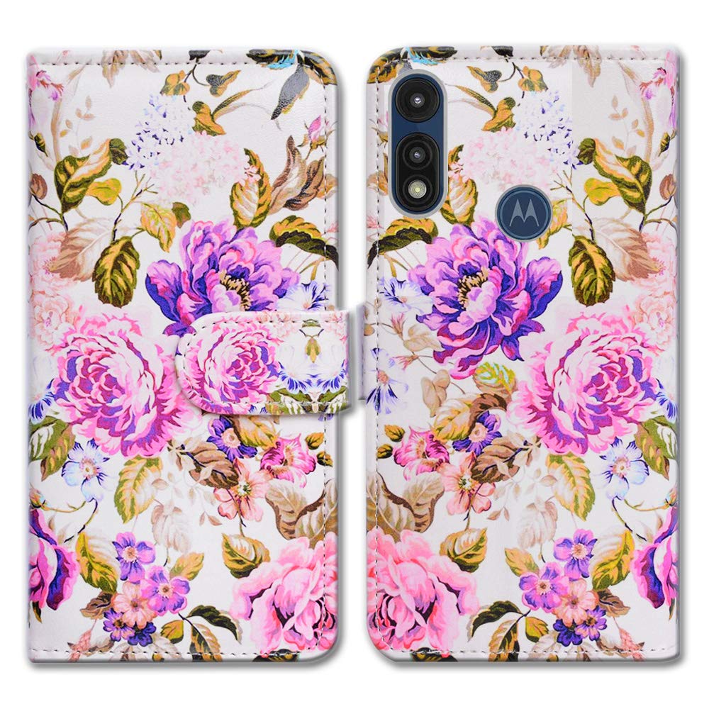 Premium Leather Flip Wallet Case for Motorola Moto E 2020 - Purple Pink Peony Design with Card Slots & Kickstand | Protective Phone Cover for Everyday Use, Travel & Business