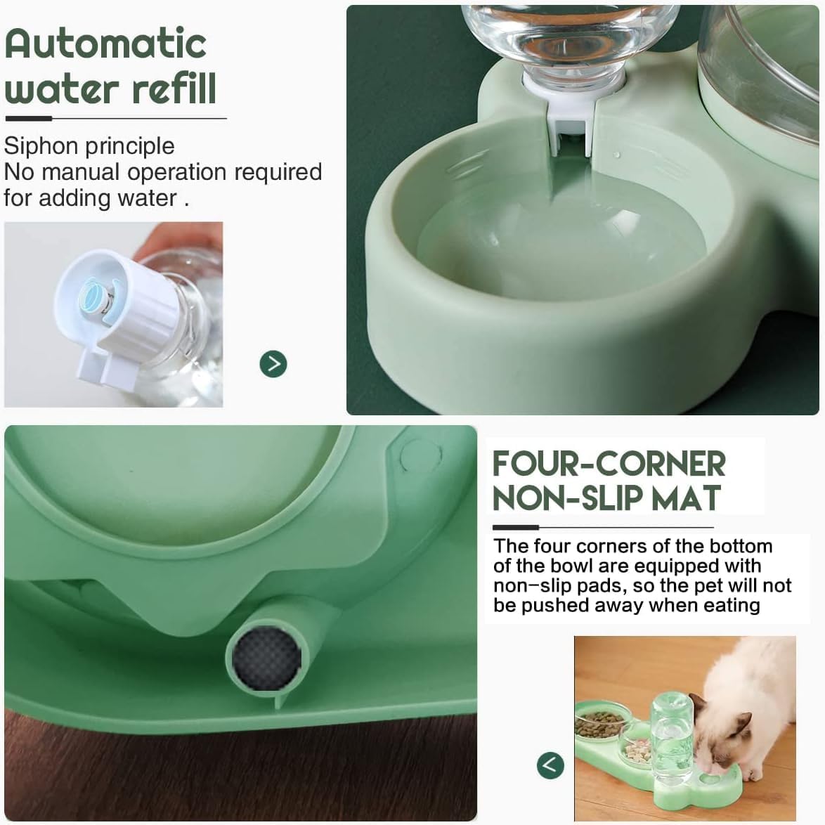 Raised Cat Bowls Set - 2 Food & 1 Water Feeder for Cats & Small Dogs (Green) - Perfect for Home & Travel Use