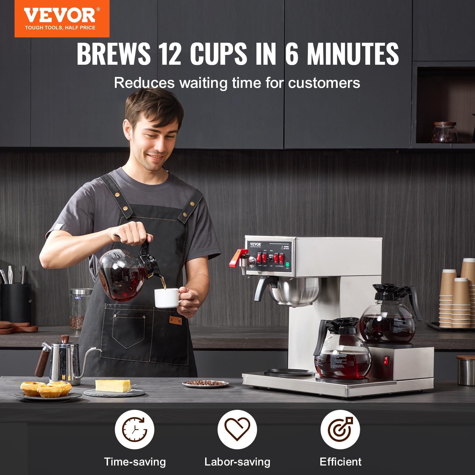 VEVOR 12 Cup Commercial Drip Coffee Maker with 3 Glass Carafes & Warmer Plates - Stainless Steel Automatic Coffee Machine for Restaurants, Offices & Cafes - Perfect for High-Volume Brewing & All-Day Service