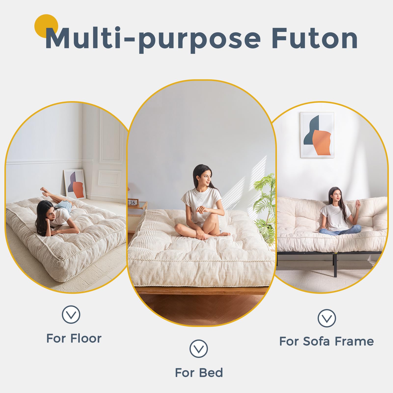 MAXYOYO 8 Inch Tufted Futon Sofa Bed - Thick Corduroy Fabric Floor Mattress for Adults (Mattress Only), Beige - Perfect for Small Spaces, Guest Rooms & Dorm Rooms