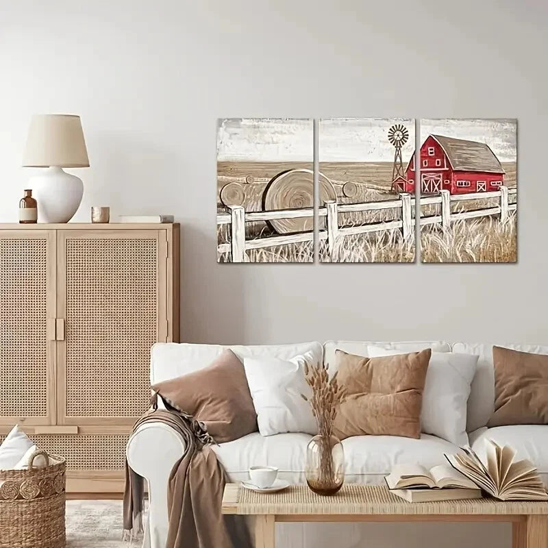 3-Piece Landscape Theme Metal Wall Art - Old Barn & Windmill Prints - Ready to Hang - Perfect for Farmhouse, Rustic & Country Home Decor