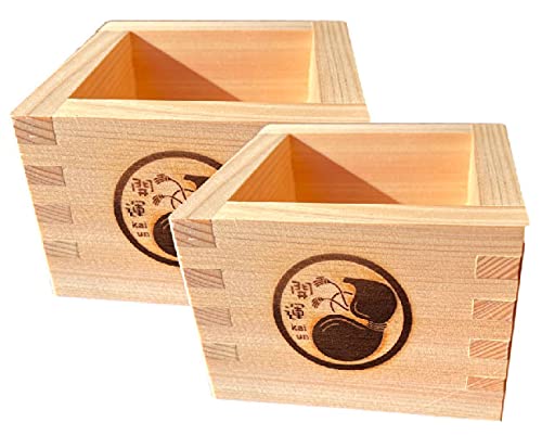Premium Hinoki Wood Sake Cups Set of 2 - Authentic Japanese Box Masu with Lucky Gourd Design - Perfect for Sake Tasting, Japanese Tea Ceremonies & Asian-Inspired Home Decor