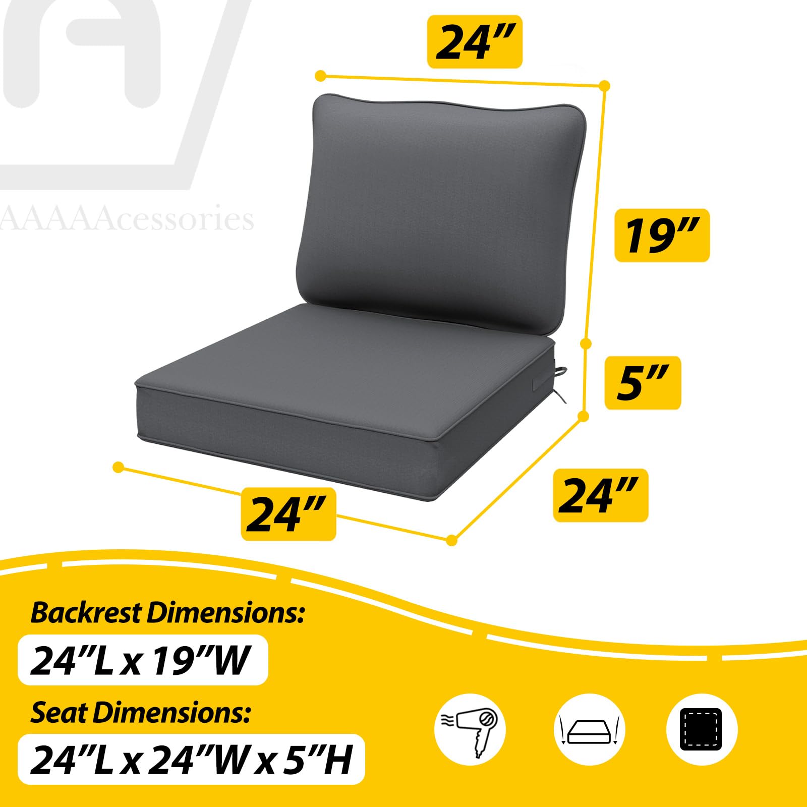 Outdoor Deep Seat Cushions for Patio Chairs - Waterproof & Fade Resistant Replacement Covers - Set of 2 (24