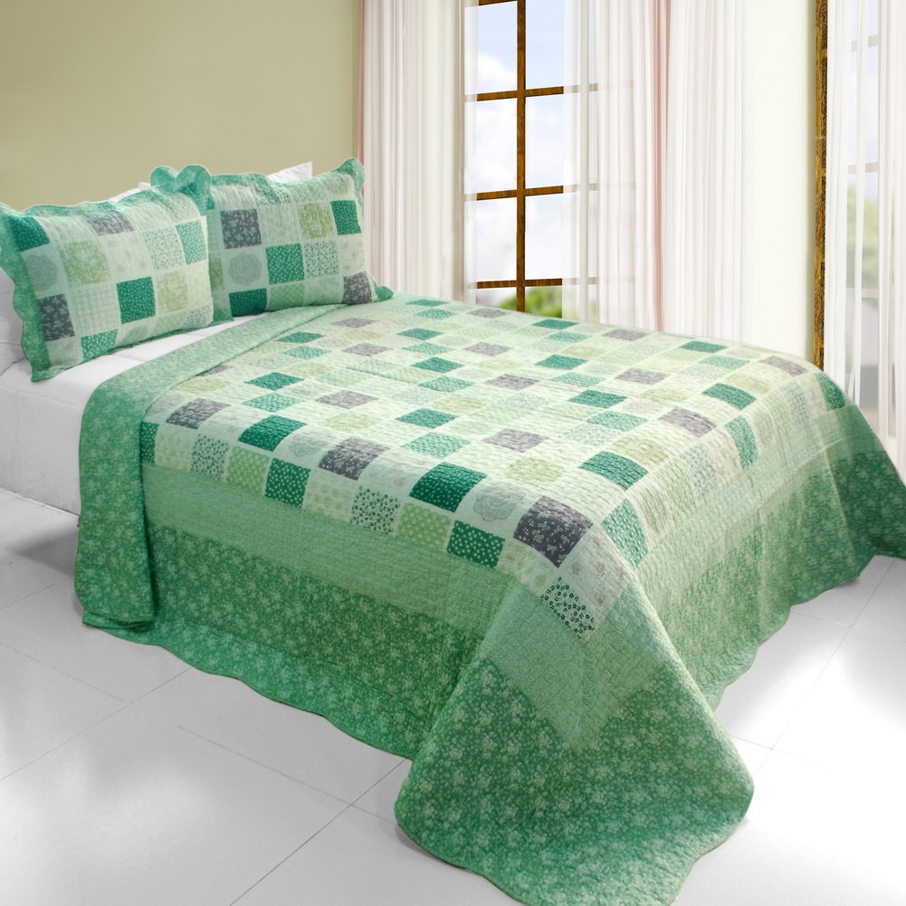 Blancho Bedding 3-Piece Cotton Quilt Set - Green Fields Vermicelli-Quilted Printed Design, Full/Queen Size | Soft & Breathable for All Seasons, Perfect for Bedroom Decor & Cozy Nights