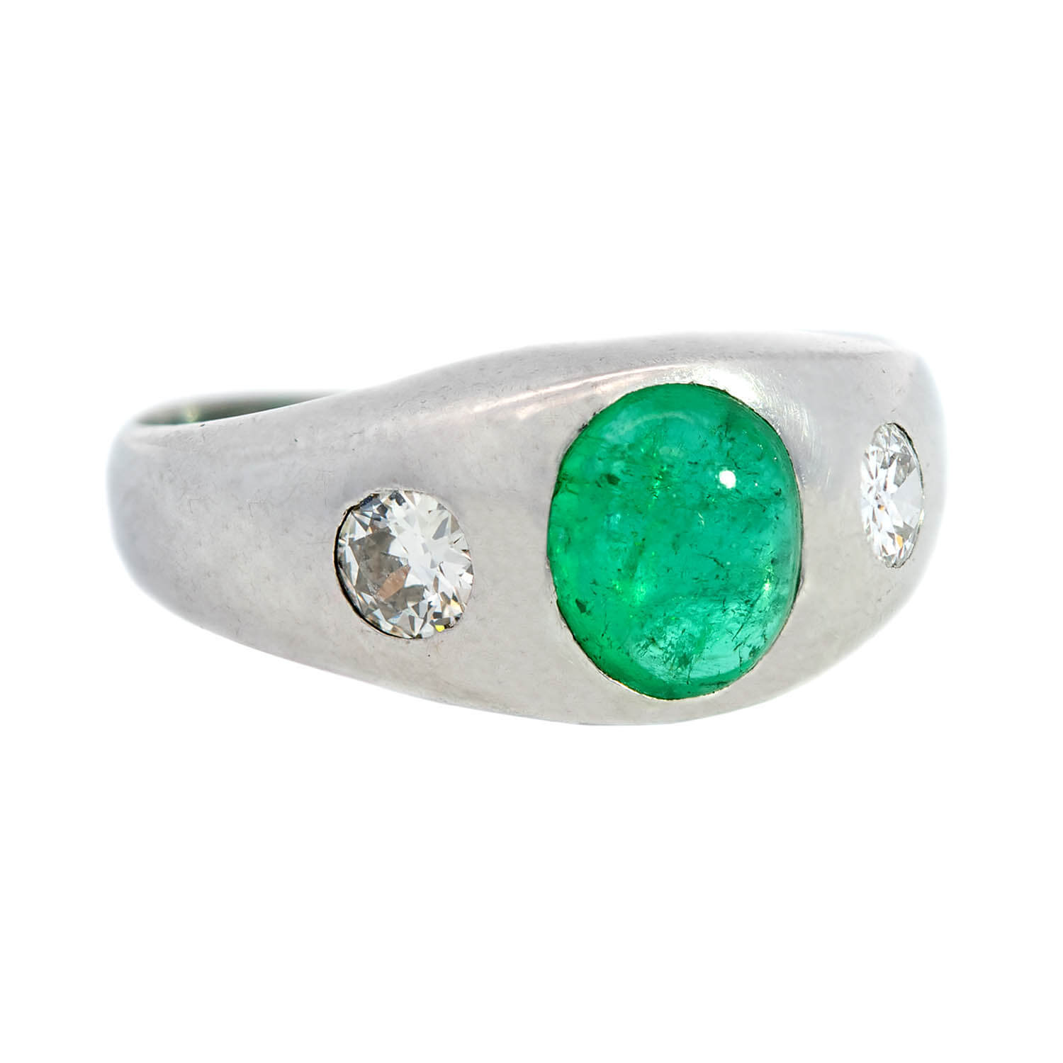 Victorian Style Platinum Diamond & Emerald Cabochon Ring - Antique Jewelry for Women - Perfect for Weddings, Anniversaries & Special Occasions