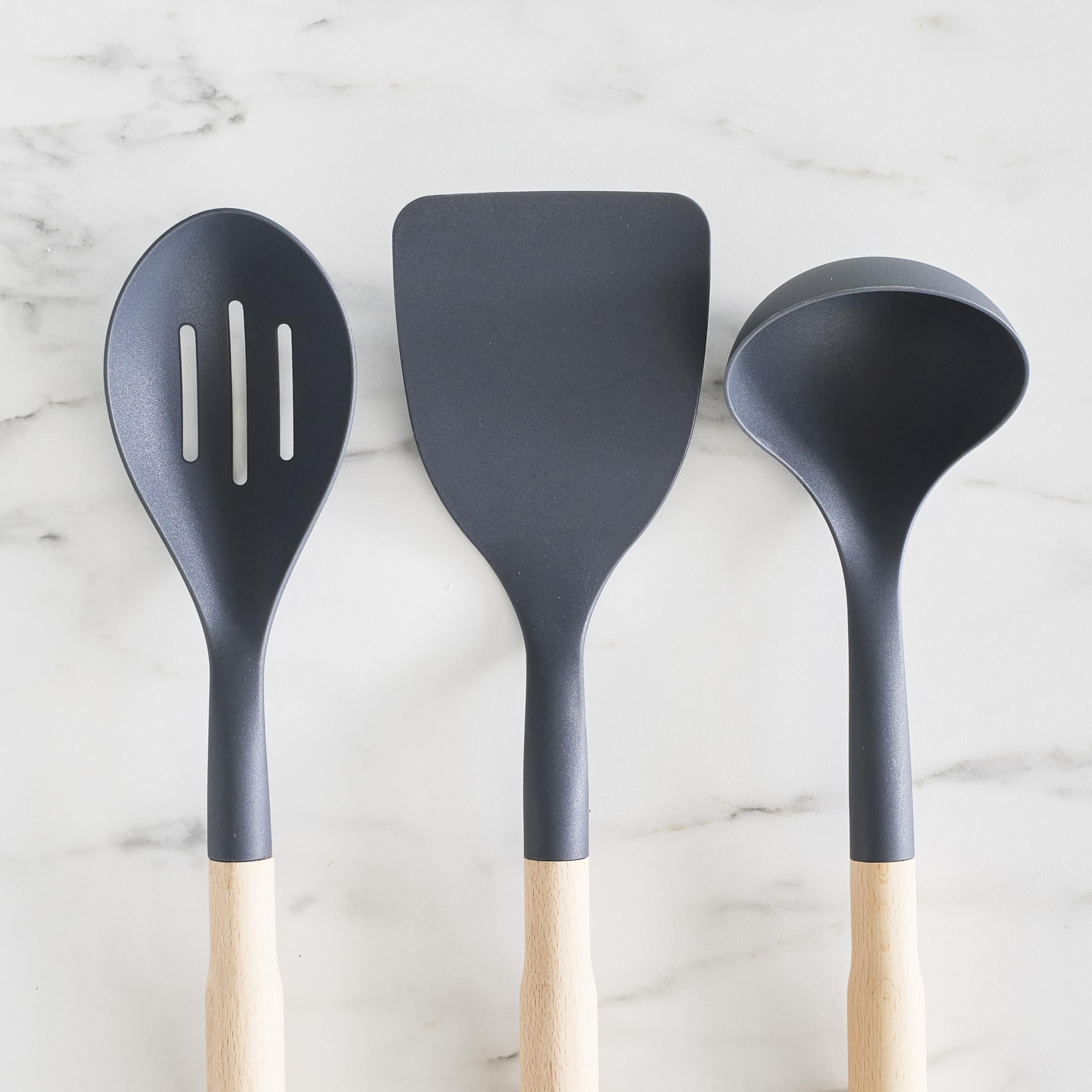 GreenLife 7-Piece Non-Toxic Kitchen Utensil Set - BPA-Free Nylon & Wooden Cooking Tools with Heat-Resistant Spatula, Spoons & Ceramic Crock Holder - Perfect for Baking, Cooking & Serving - Eco-Friendly Black Kitchen Essentials