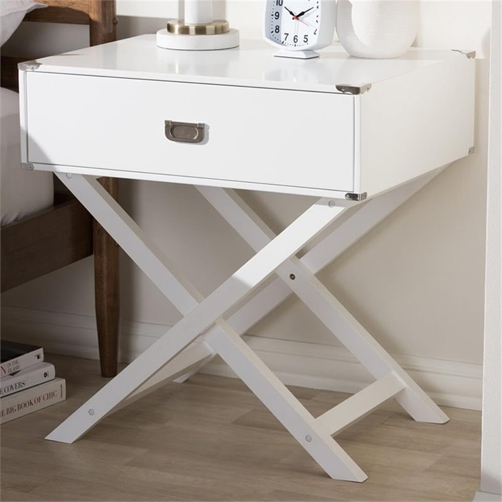 BOWERY HILL White Nightstand with 1 Drawer - Compact Bedside Table for Small Spaces, Bedroom Furniture for Storage & Organization