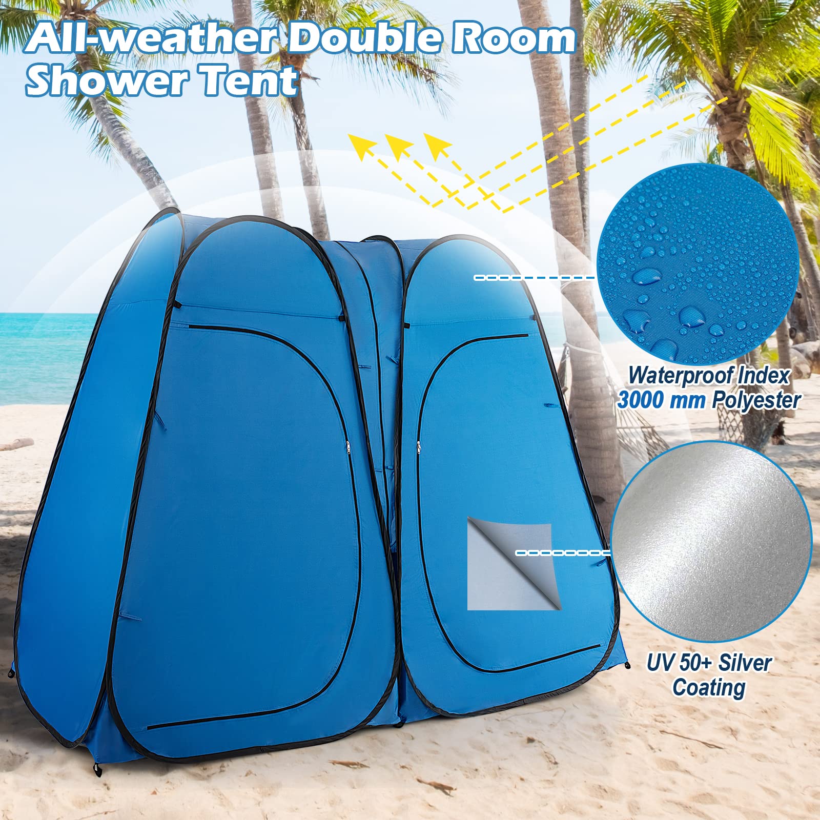 Goplus Pop Up Shower Tent - 7.5FT Portable Privacy Changing Tent with Window, Hanging Clothesline & Carry Bag | 2 Room Design with Ground Stake & Wind Rope | Ideal for Camping, Beach, Outdoor Shower & Changing Room