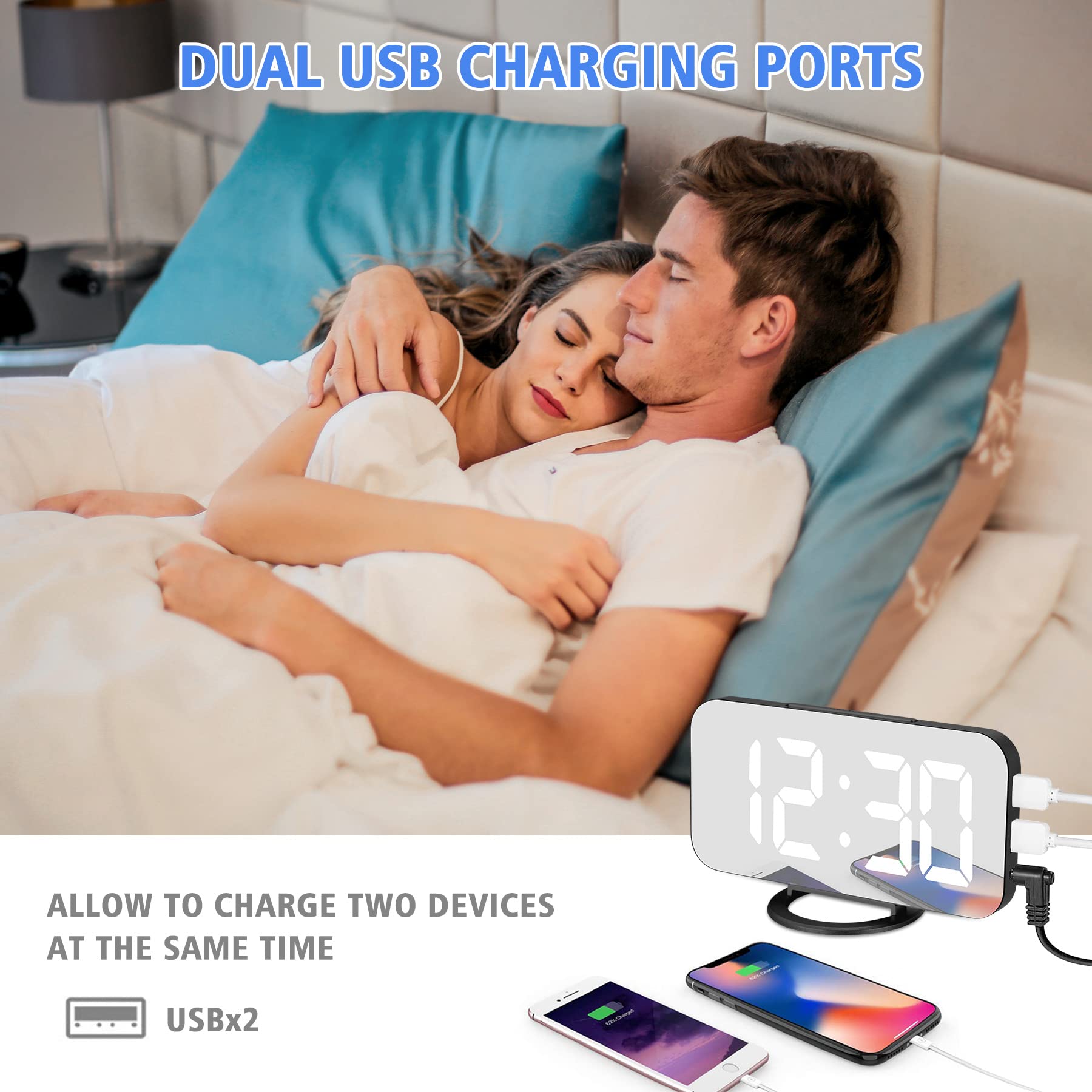 Ygdigital 6.5 Inch LED Digital Alarm Clock with Mirror Display, Dual USB Charging Ports, Snooze Function, 12/24H Time Format, 3 Adjustable Brightness Levels - Perfect for Bedroom, Home Office, Nightstand, and Travel (Black)
