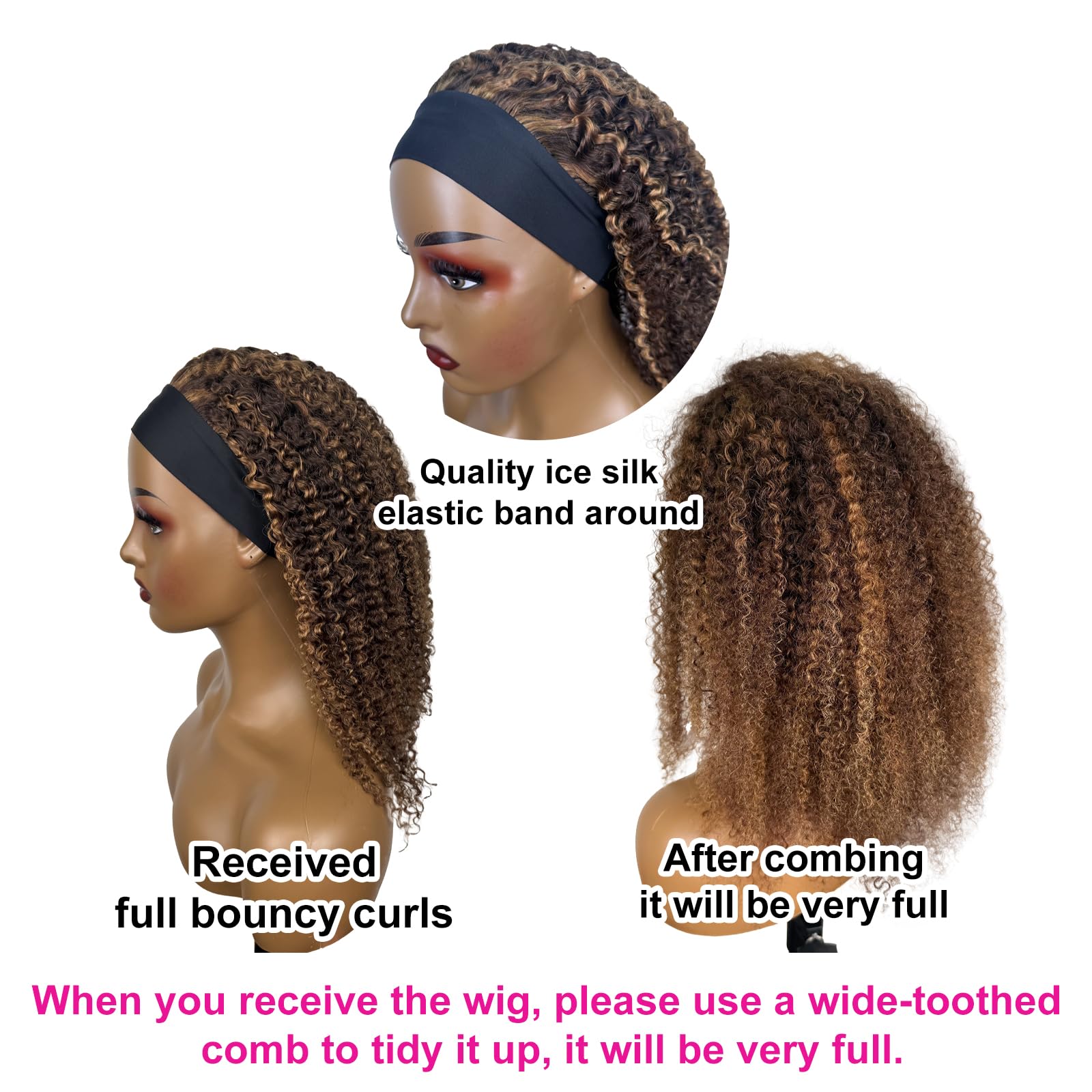 Ombre Highlight Headband Wig Human Hair #4/27 Colored Kinky Curly Glueless Lace-Free Wig for Black Women - Brazilian Virgin Hair 150% Density 26 Inch - Perfect for Daily Wear, Parties & Protective Styling