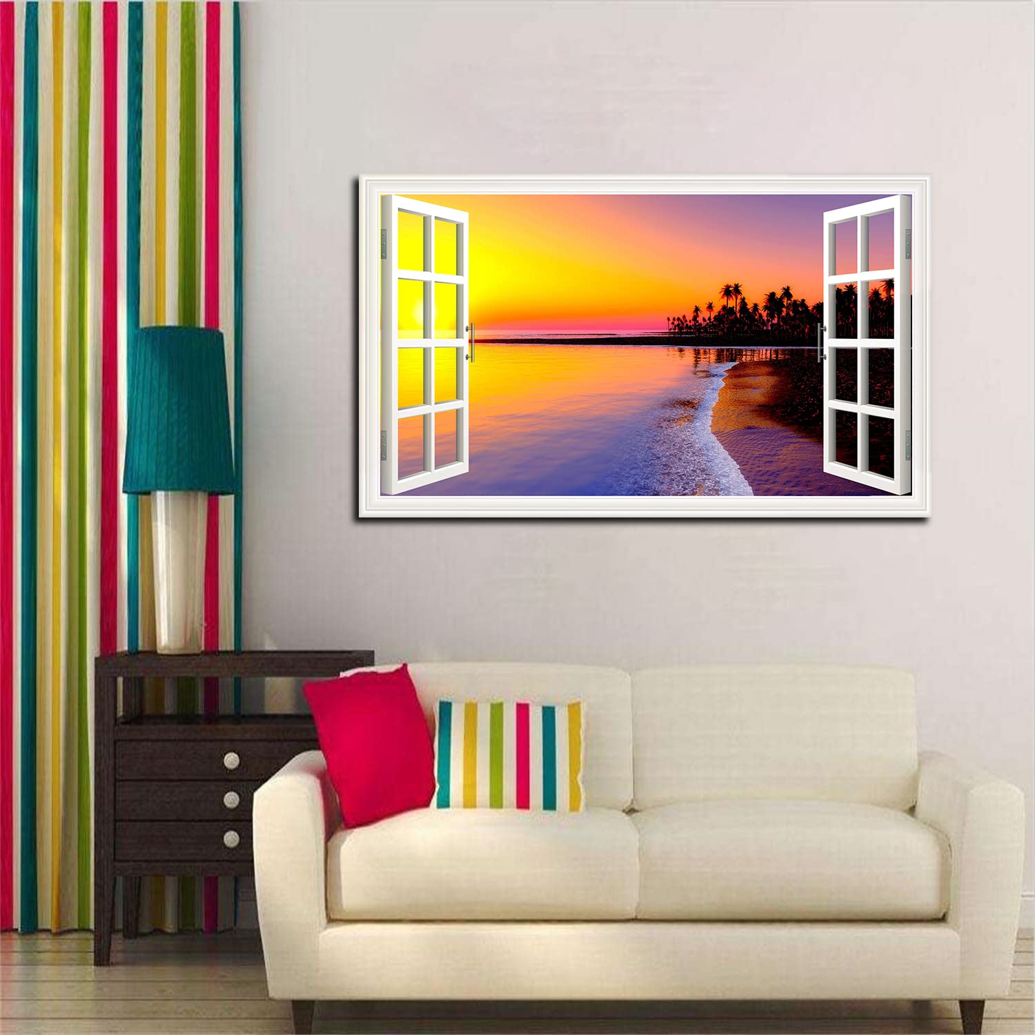 Beach Sunset Canvas Wall Art - Fake Open Window View Painting for Living Room, Office, Bedroom - Ready to Hang - Perfect for Coastal Decor & Relaxing Home Ambiance