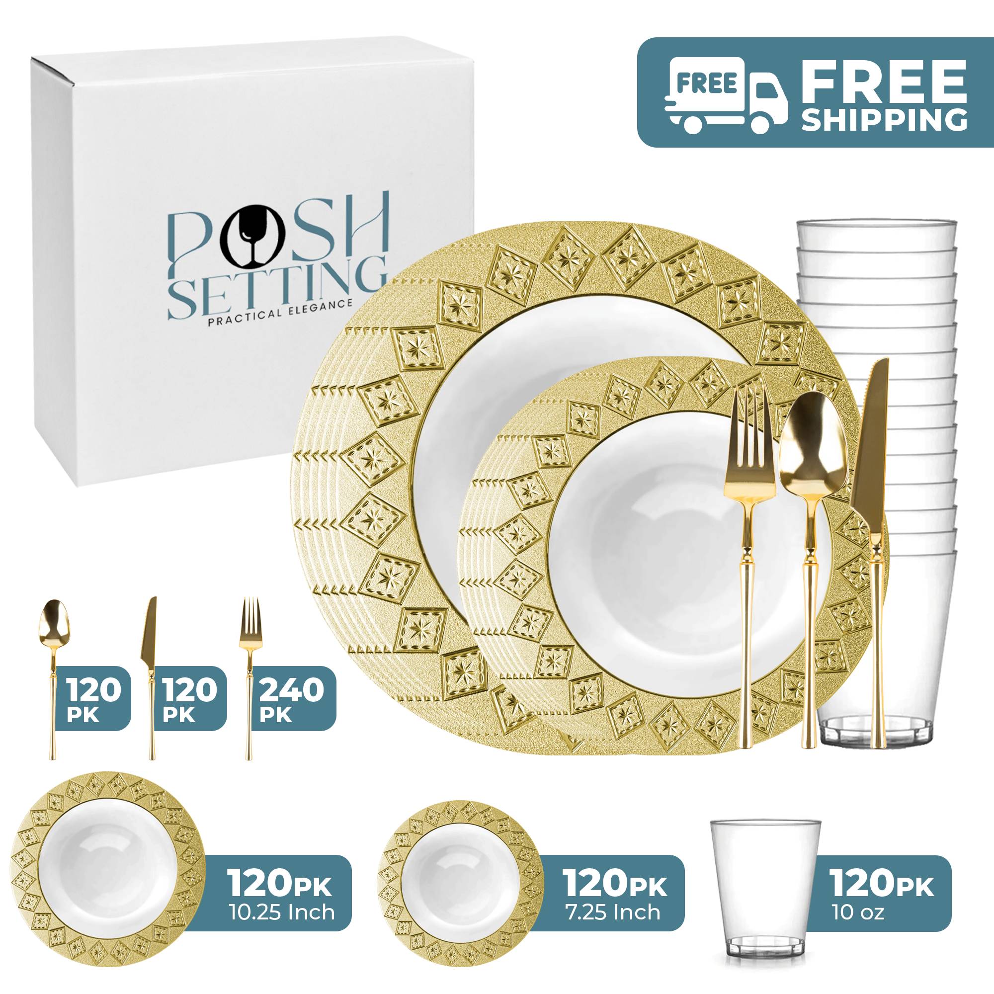 White and Gold Plastic Party Bundle - Elegant Imperial Theme for Birthday, Wedding & Celebration Decorations