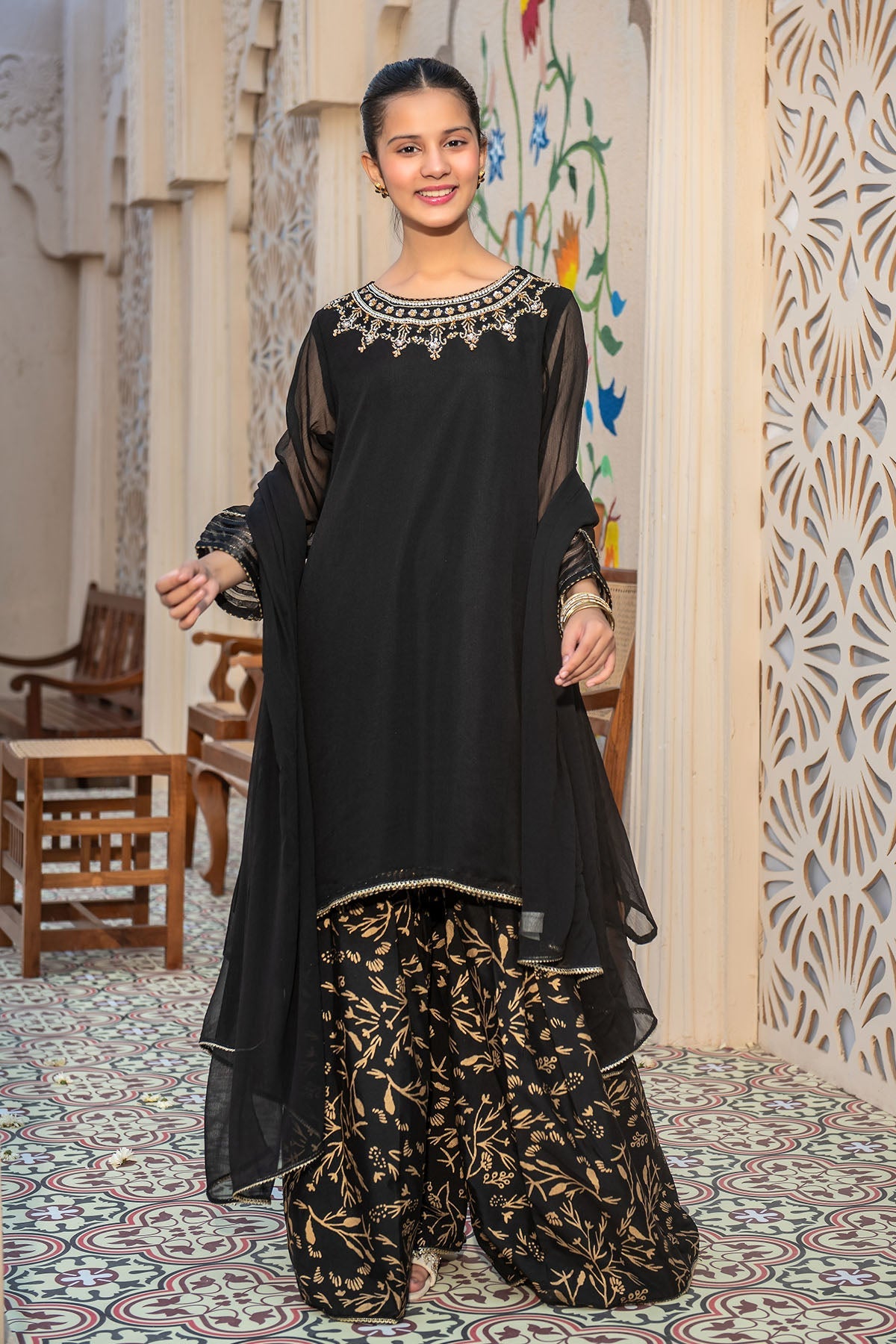 Elegant Black Stitched Chiffon Hand Adda Suit in Ochre - Perfect for Weddings, Parties & Special Occasions