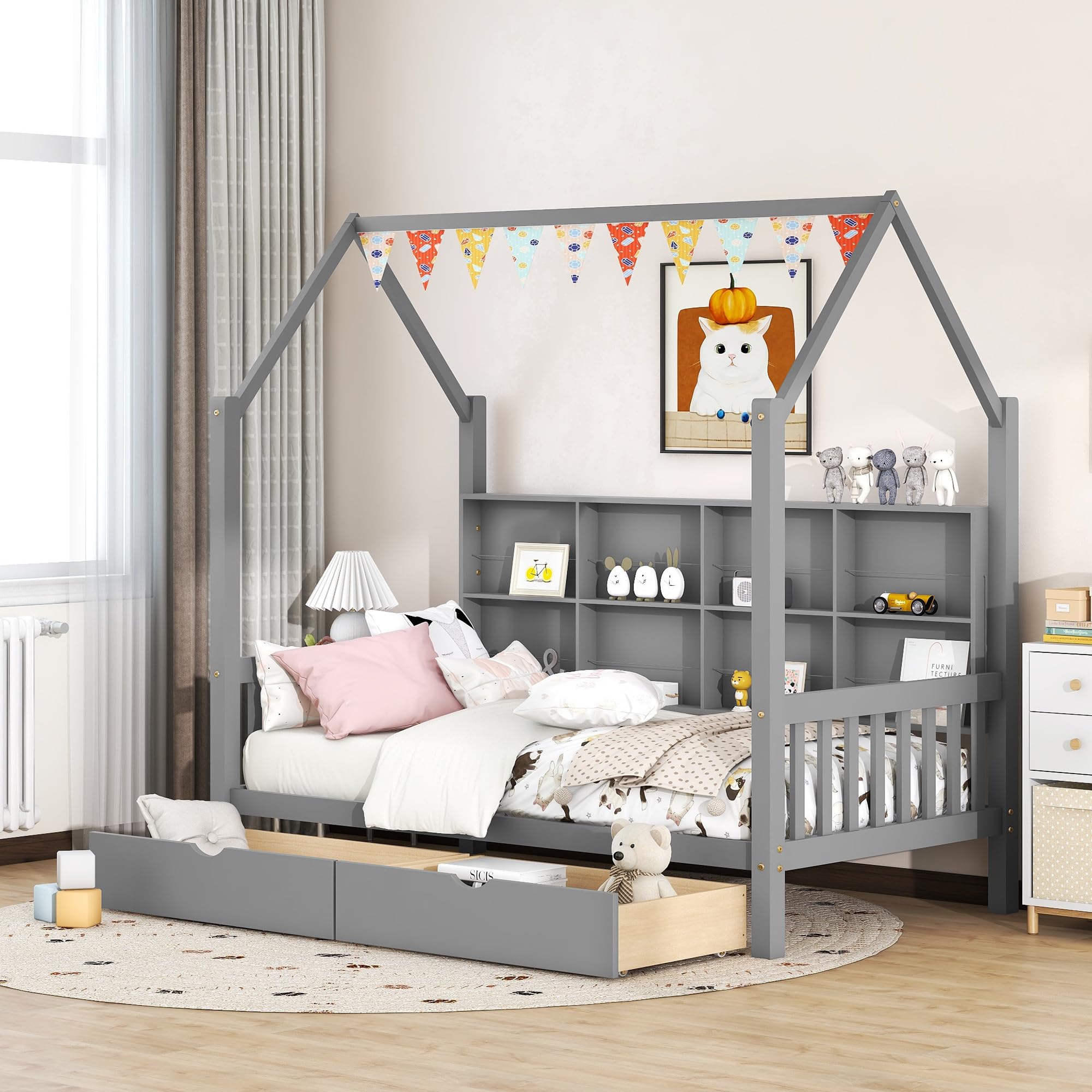 Twin Size Wooden House Bed with 2 Drawers & Storage Shelves - Montessori Kids Playhouse Tent Bed Frame for Boys & Girls (Gray) - Perfect for Bedrooms, Playrooms & Montessori Learning Spaces