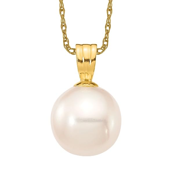 14K Solid Yellow Gold 8mm White Round Freshwater Cultured Pearl Necklace - Elegant Pendant Charm for Women - Perfect for Weddings, Anniversaries & Special Occasions