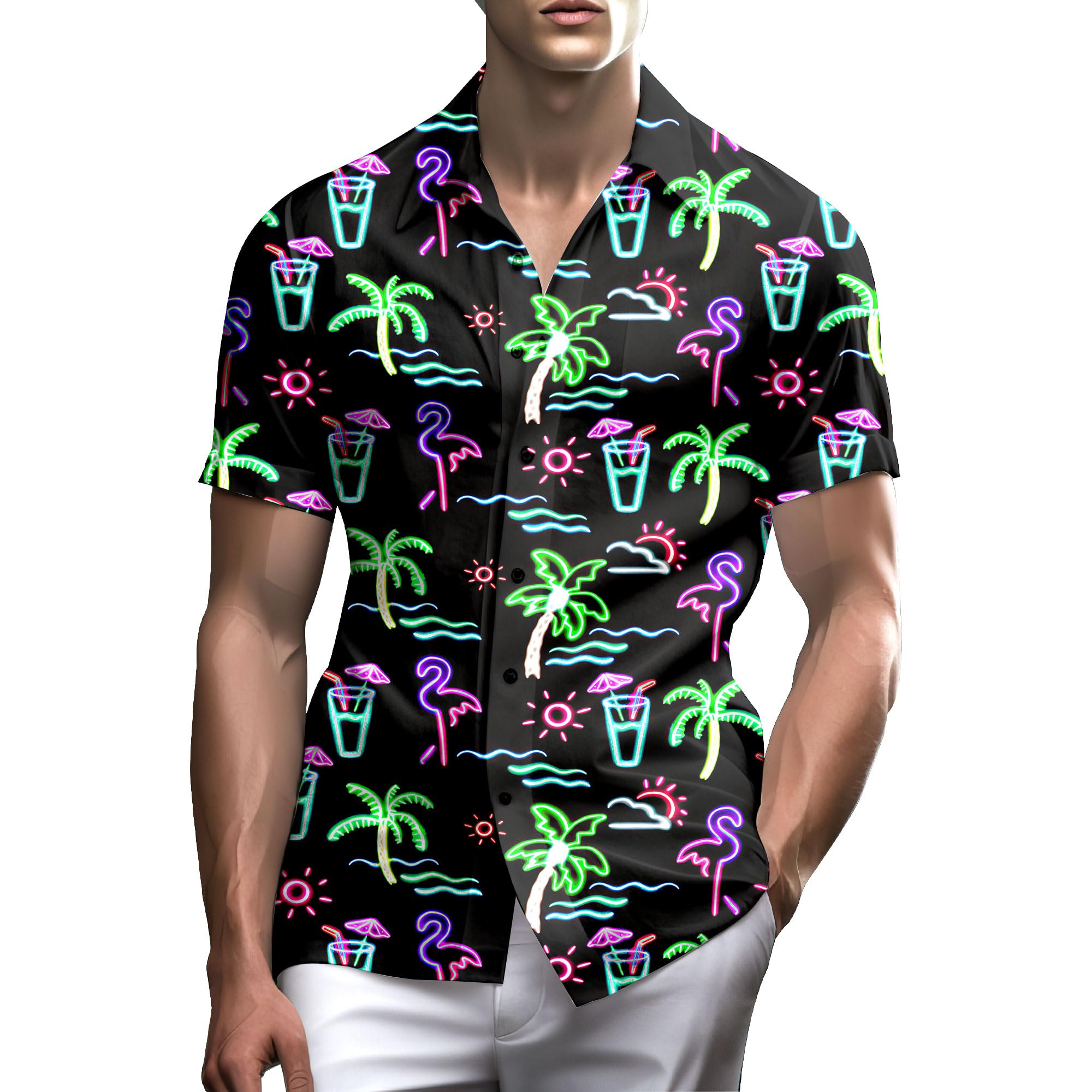 Men's Neon Button-Up Hawaiian Shirts - Vibrant Beachwear & Casual Summer Shirts for Tropical Vacations, Pool Parties & Outdoor Events