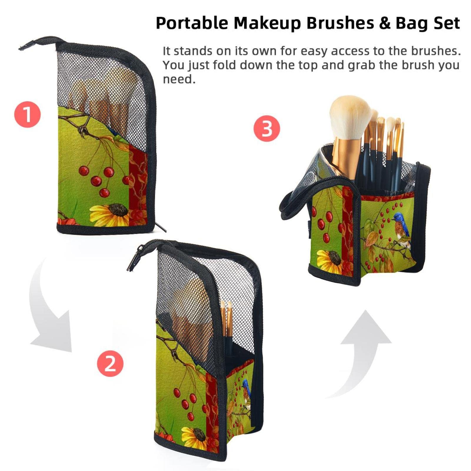 12-Piece Makeup Brush Organizer Bag with Floral Bird Design - Portable Cosmetic Brush Holder Case for Travel, Home & Professional Makeup Artists