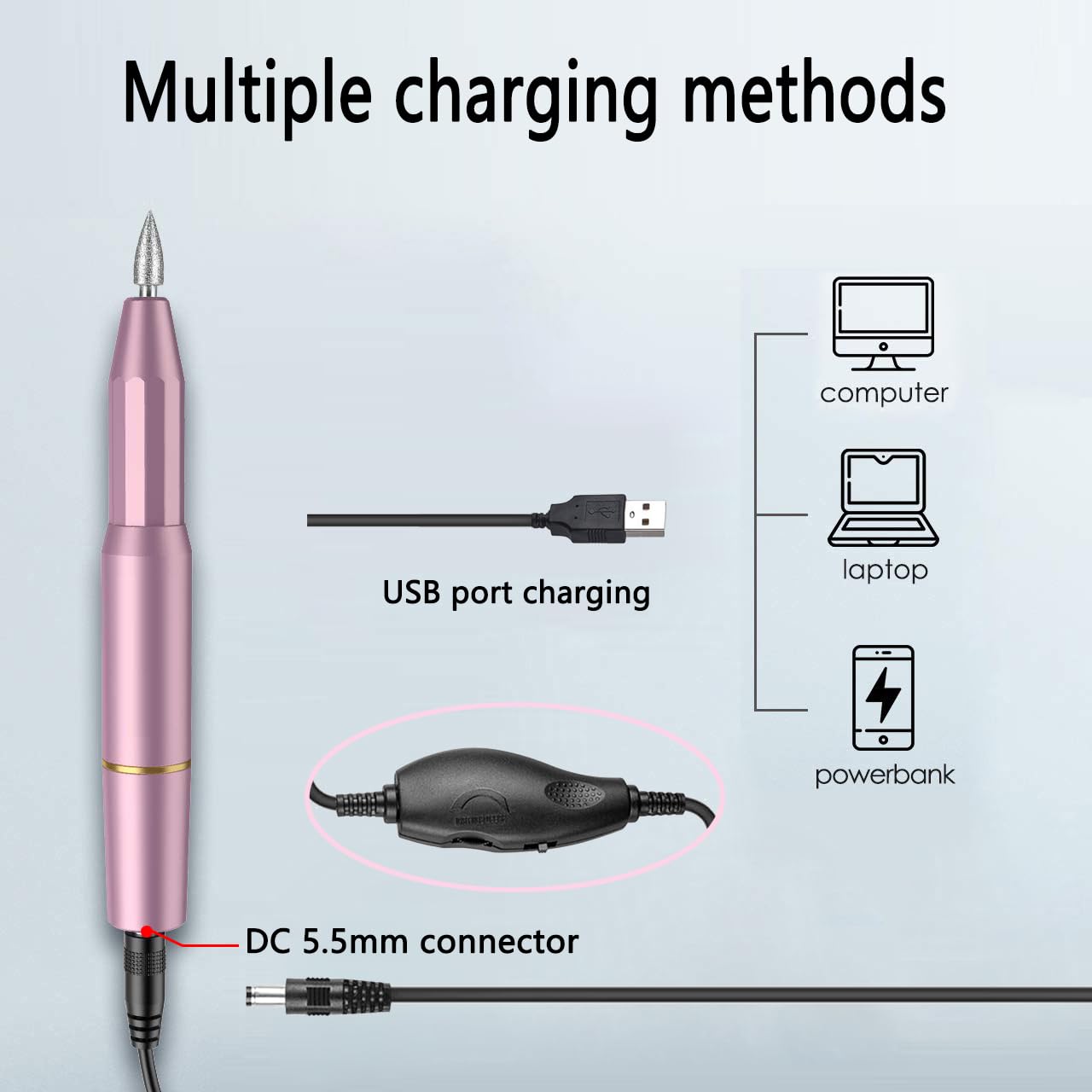 USB Charger Power Cord for Electric Nail Drill - Replacement Charging Cable Compatible with AIRSEE, OVX, Alles, AUTENPOO, COSITTE, MelodySusie & KITCCI Nail Drills - Perfect for Salon, Home Manicure & Professional Nail Art