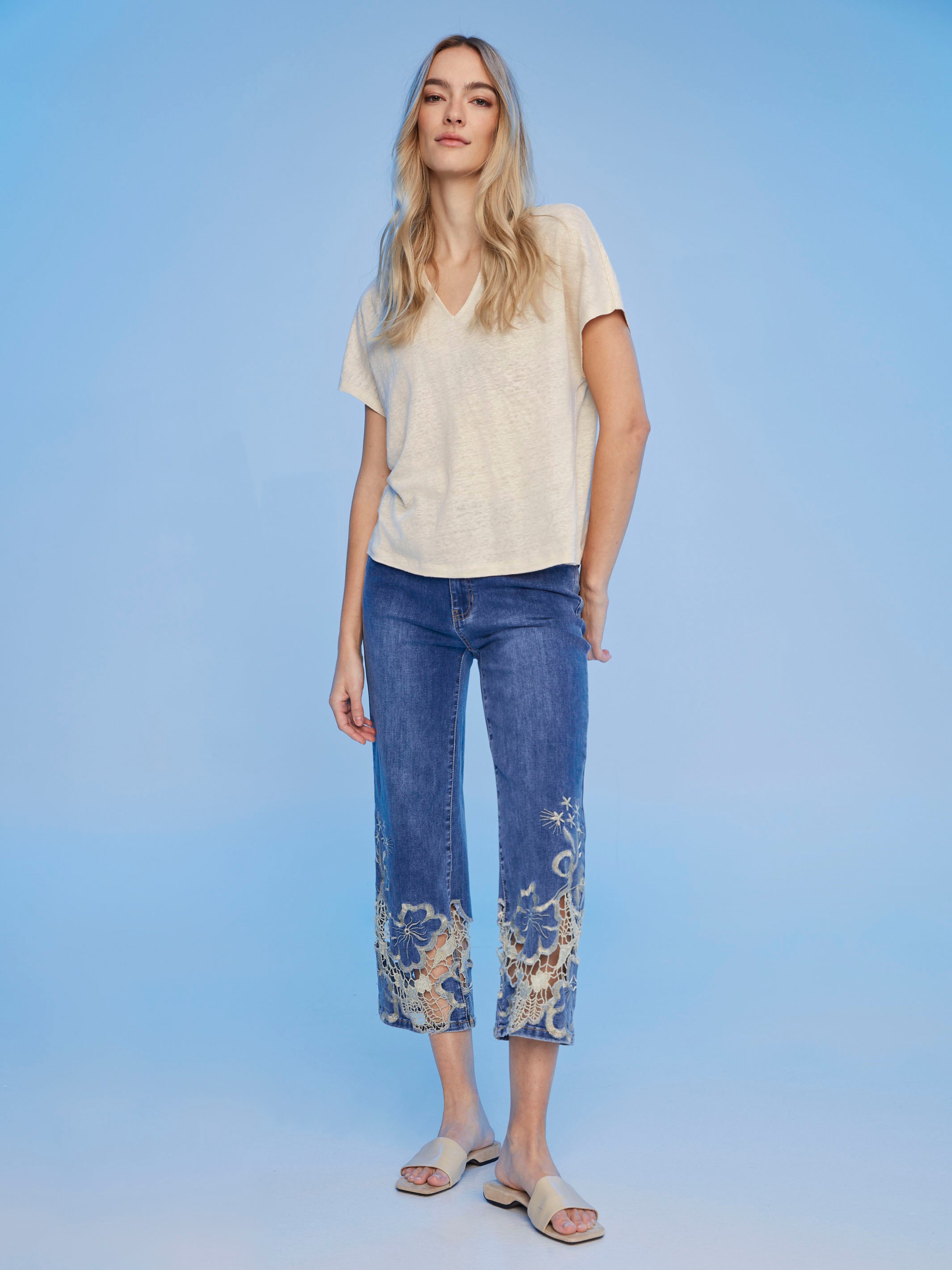 Cropped Flare Leg Jeans with Lace Hem - Medium Blue Denim Pants for Women | Casual & Boho Style | Perfect for Spring Outfits and Music Festivals