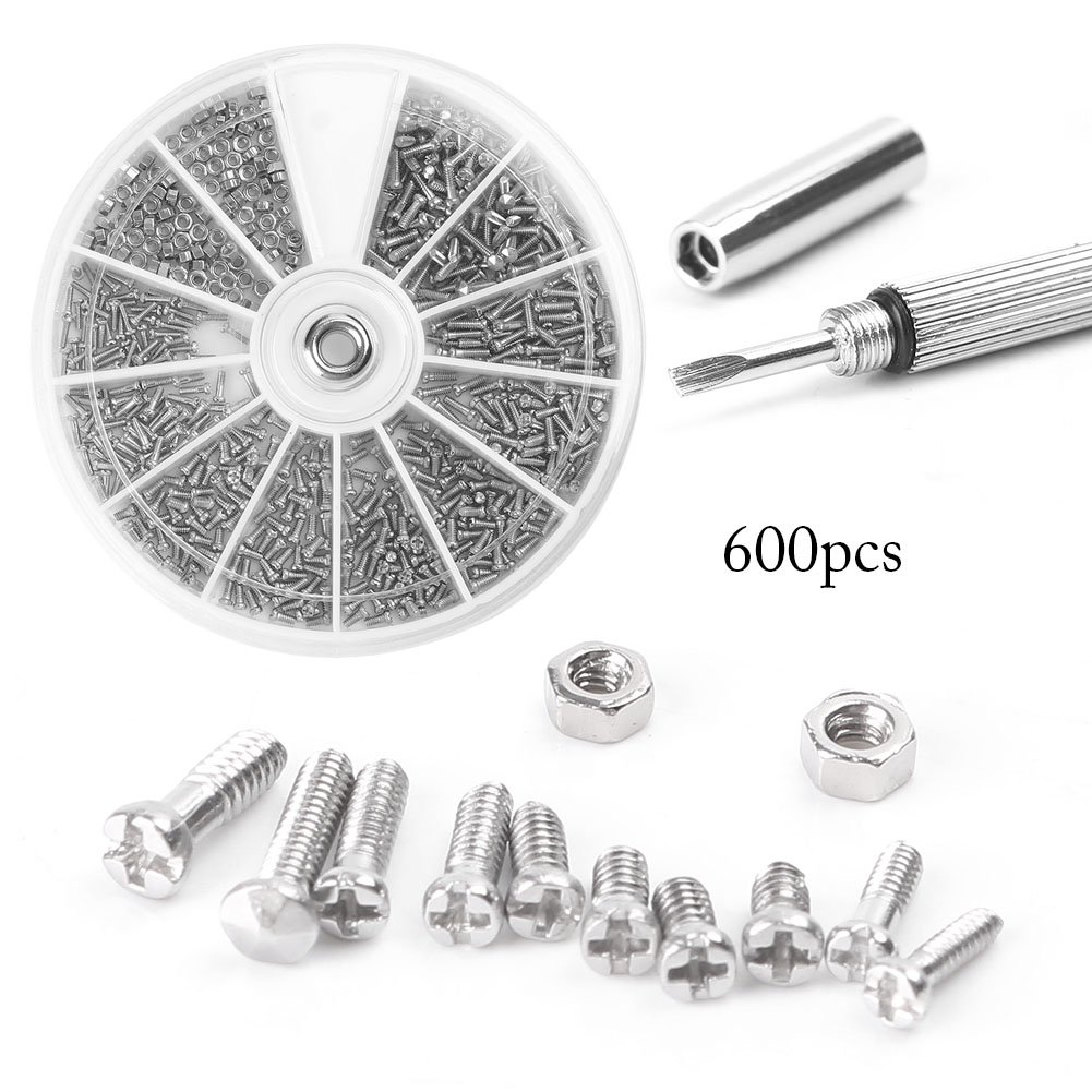 600pcs M1 M1.2 M1.4 M2.5 Small Screw Nuts Assortment Kit with Screwdriver - Precision Fasteners for Electronics, Watches, Glasses & DIY Projects