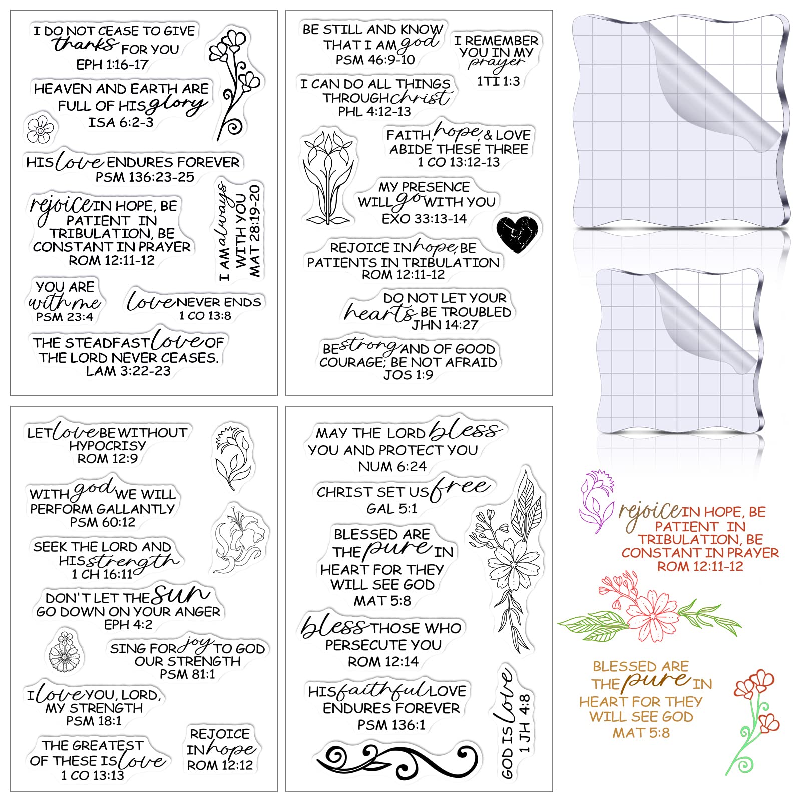 4 Sheets Clear Acrylic Stamps for Bible Verses - Christian Scrapbooking Rubber Stamps Set with 2 Grid-Lined Blocks - DIY Crafting Tools for Card Making, Journaling & Gift Tags (Romantic Style)