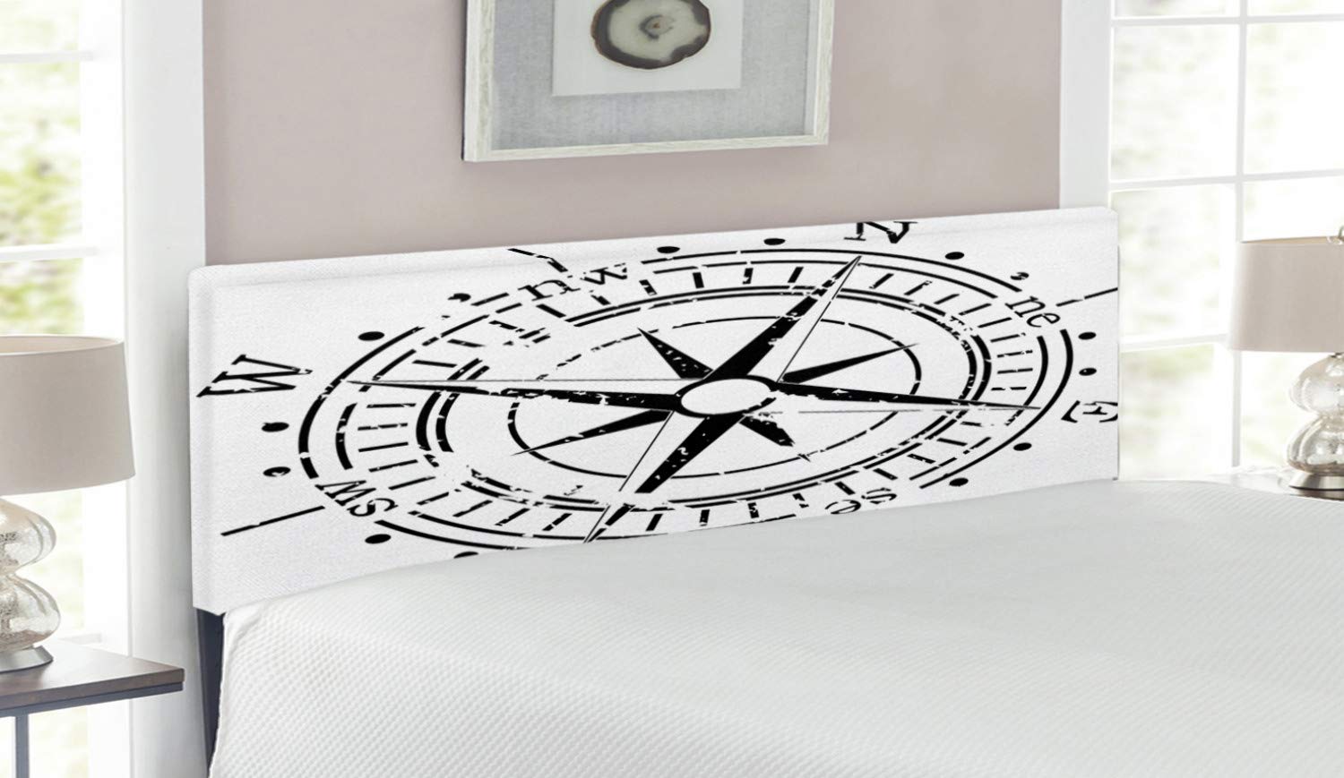 Ambesonne Compass Headboard - Monochrome Windrose Design Upholstered Metal Bed Frame with Memory Foam | Queen Size Charcoal Grey & White | Perfect for Nautical & Vintage Bedroom Decor