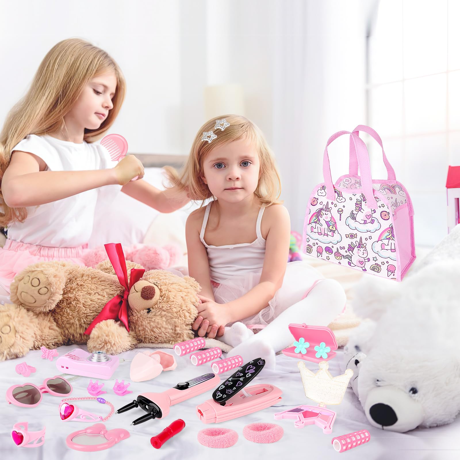 deAO 34PCS Kids Beauty Salon Toy Kit for Girls - Hair Styling Accessories, Handbag, Bluetooth Headset, Camera & Princess Makeup Toys | Pretend Play, Birthday Gift & Role-Playing Fun for Toddlers