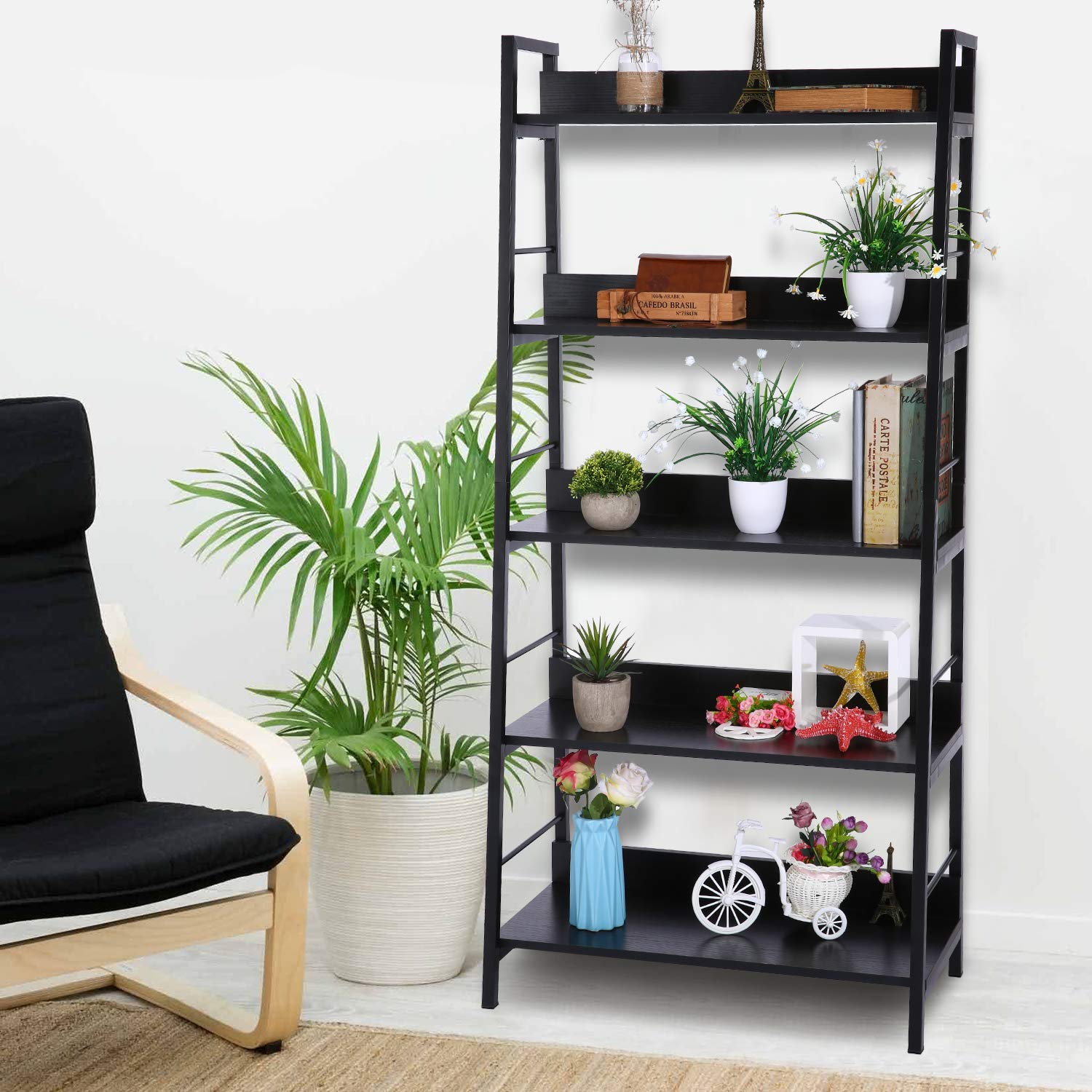 Homdox 5-Tier Industrial Ladder Shelf - Wood & Metal Bookcase, Plant Stand, Storage Shelves for Home, Office & Living Room Decor | Perfect for Books, Plants & Display Organizing