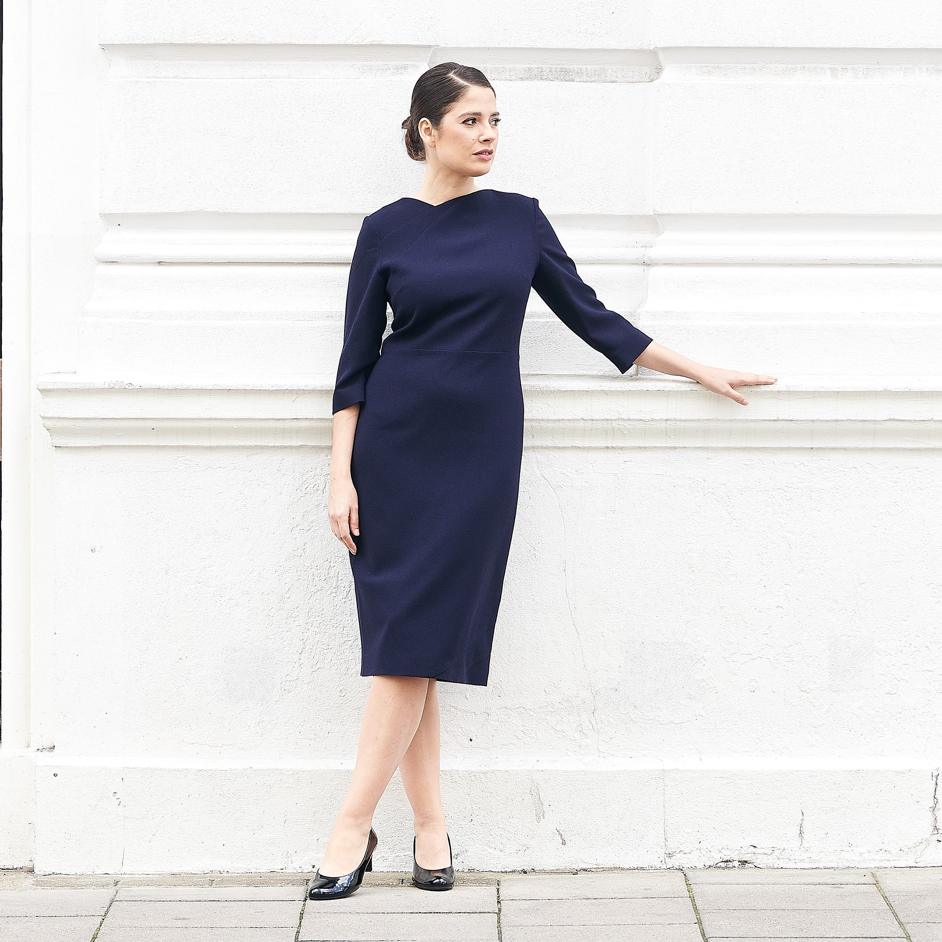 Navy Blue Tailored Wool Crepe Dress for Women - Elegant Office Wear & Special Occasion Outfit