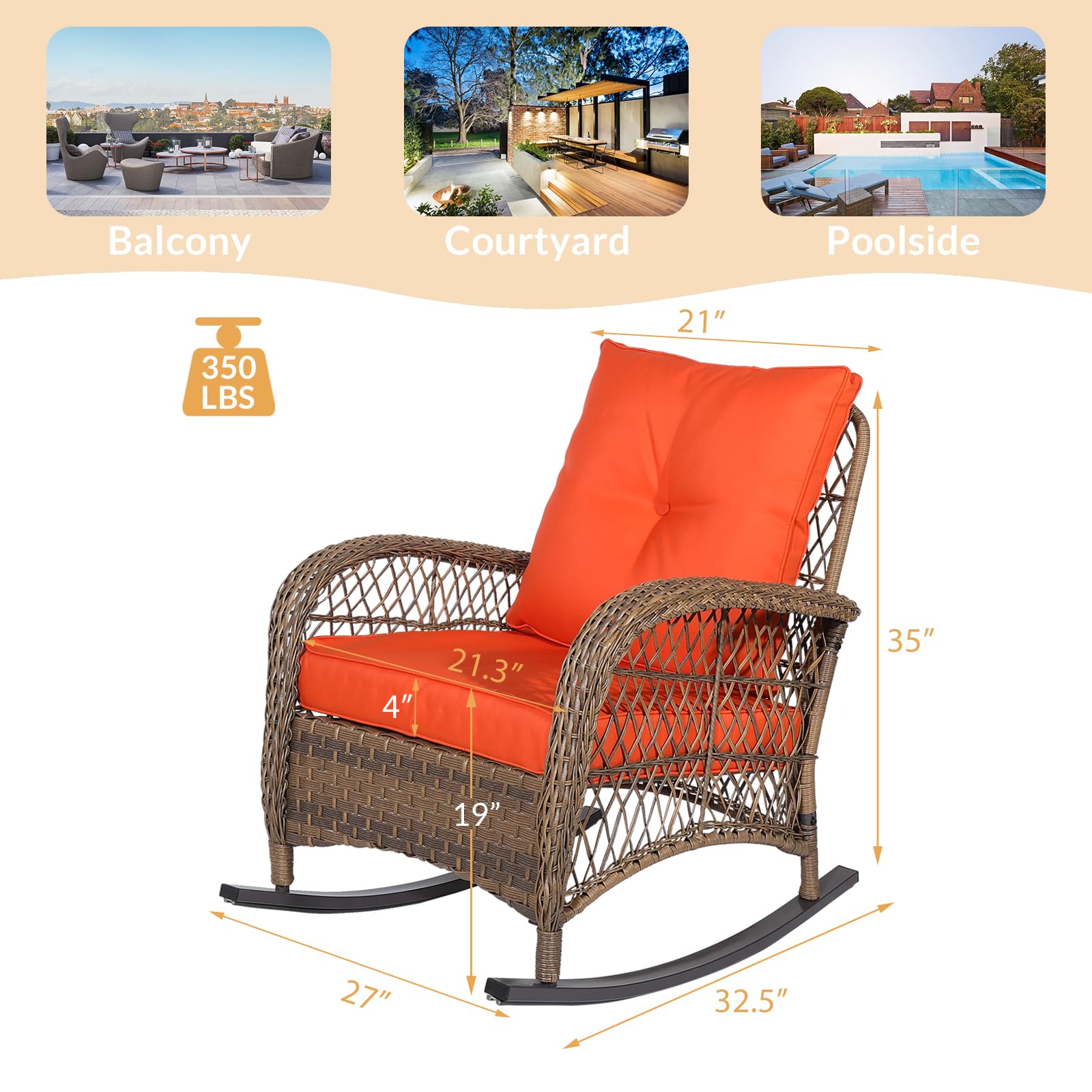 All-Weather Outdoor Wicker Rocking Chair with Thickened Cushions - Durable Rattan Patio Rocker for Porch, Garden & Backyard - Perfect for Relaxing, Reading & Sunbathing (Orange)