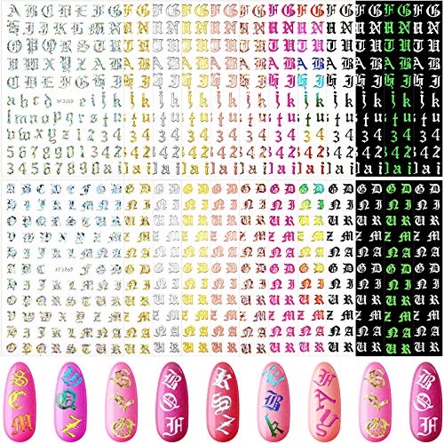 24 Sheets Old English Holographic Nail Stickers - DIY Alphabet Nail Decals for Women & Girls - Chic Colors for Manicure, Parties, and Nail Art Decoration