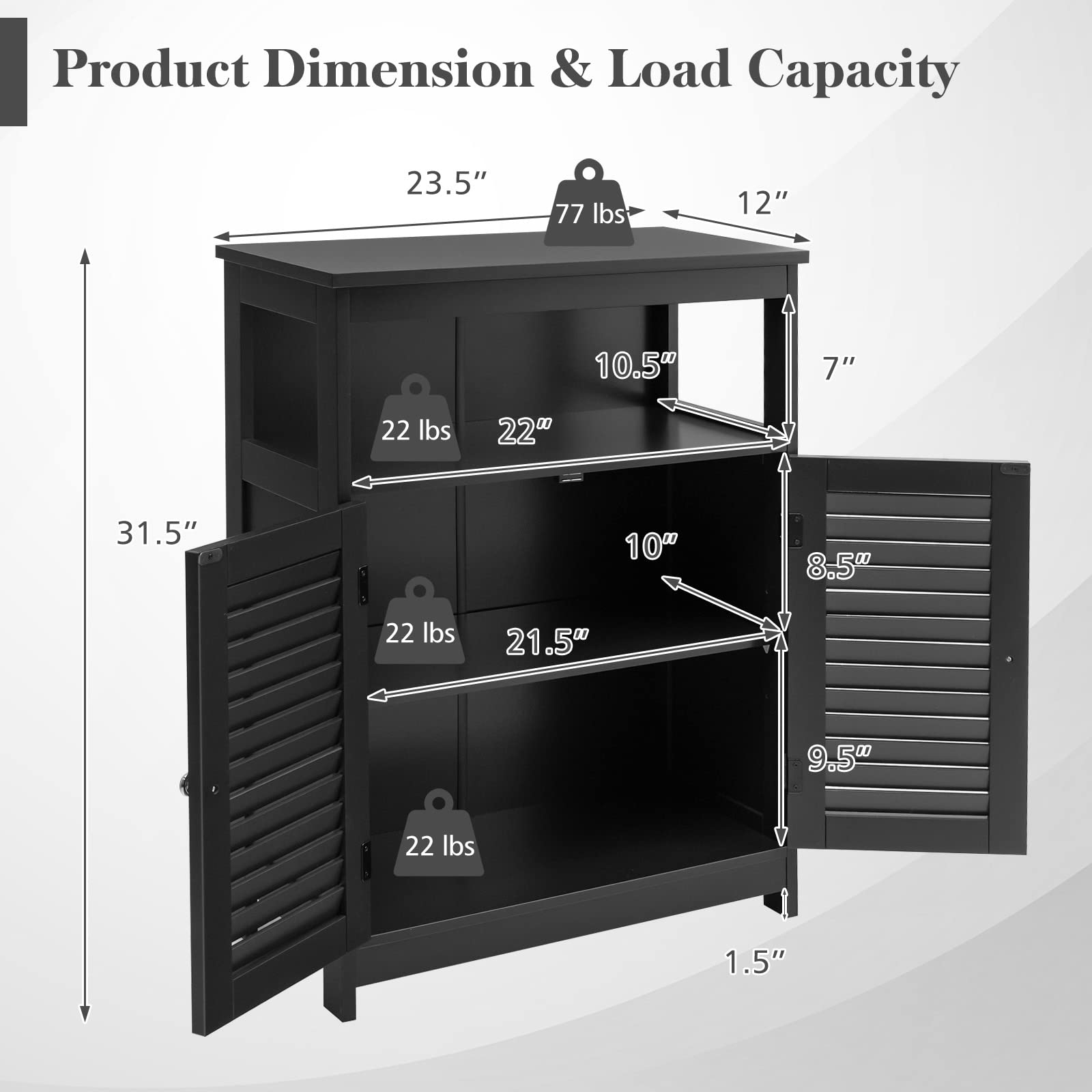 GLACER Wooden Bathroom Storage Cabinet with Double Shutter Doors - 3-Position Adjustable Shelf & Side Organizer - 23.5 x 12 x 31.5 Inches (Black) - Perfect for Bathroom, Laundry Room & Closet Organization