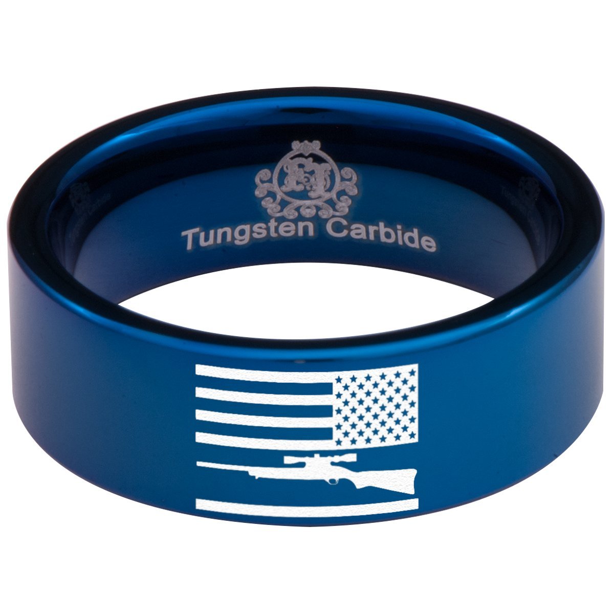 Premium Tungsten Carbide USA Flag & Rifle Ring - 8mm Wedding Band for Men & Women - Anniversary Gift, Military Style Jewelry - Perfect for Patriotic Weddings, Veterans Day & Independence Day Celebrations