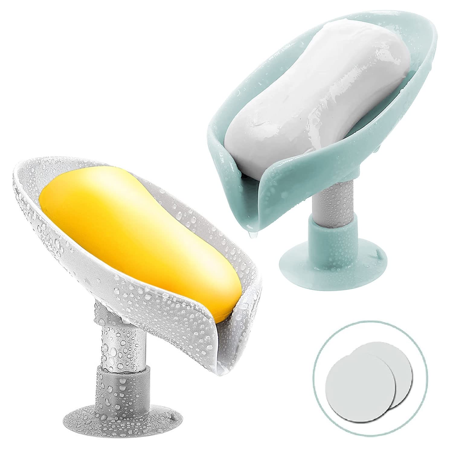 2 Pack Leaf Shape Soap Dish with Suction Cup - Self Draining Soap Holder to Keep Soap Dry, Prevent Mushy Soap - Easy to Clean for Bathroom, Shower, Kitchen Sink (Green + Gray) - Perfect for Small Spaces & Travel Use