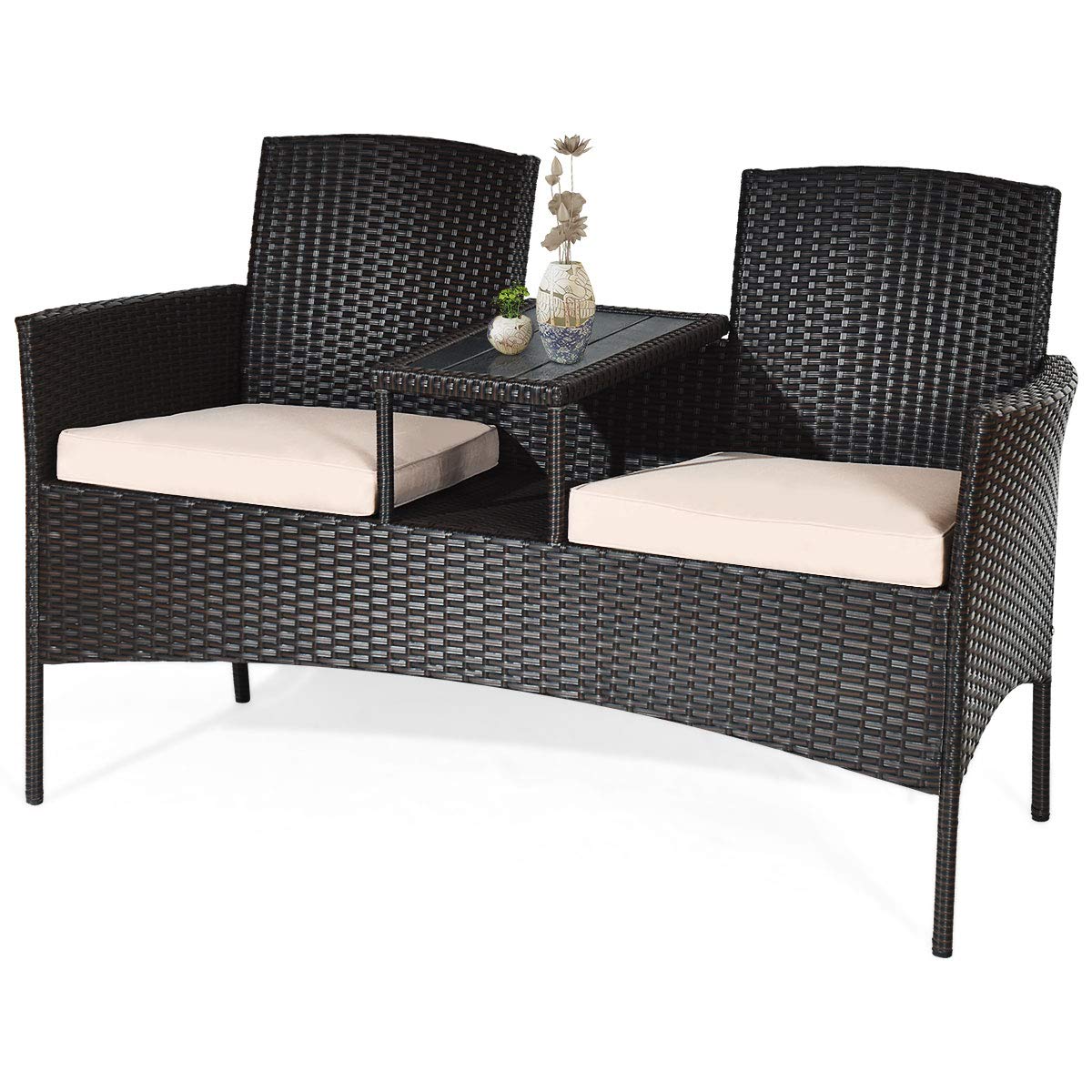 Modern Moccha Wicker Patio Conversation Set with Removable Beige Cushions & Coffee Table - Outdoor Rattan Loveseat Sofa Set for Garden, Lawn, Backyard - Durable Plastic Table Top - Perfect for Relaxing, Entertaining & Outdoor Dining