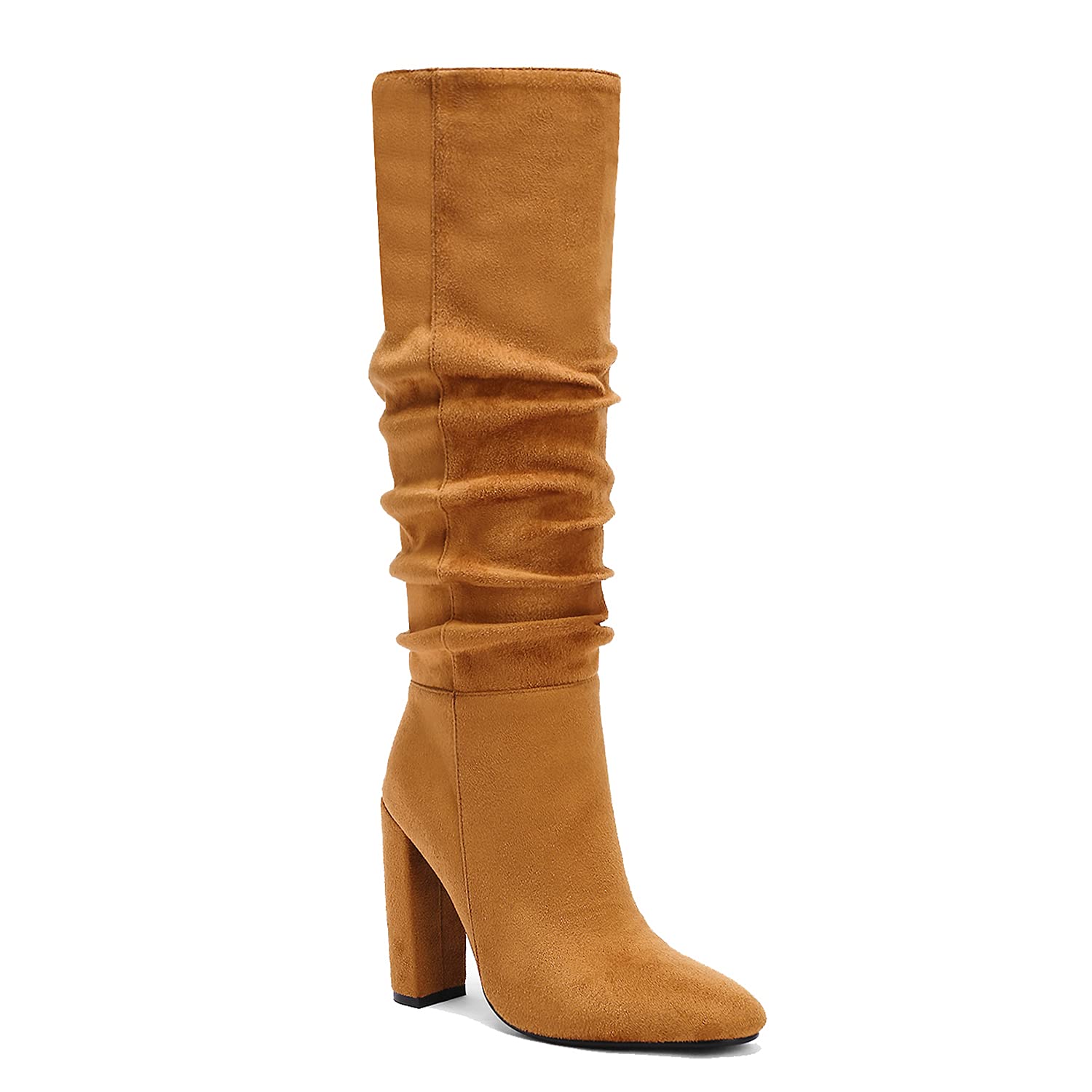 MOOMMO Women's Chunky High Heel Knee High Boots - Round Toe Stretch Suede Leather Pull-On Fashion Long Boots with Pleated Block Heel - Comfortable Dressy Wedding & Party Boots (US 4-11) - Perfect for Evening Events, Date Nights & Formal Occasions