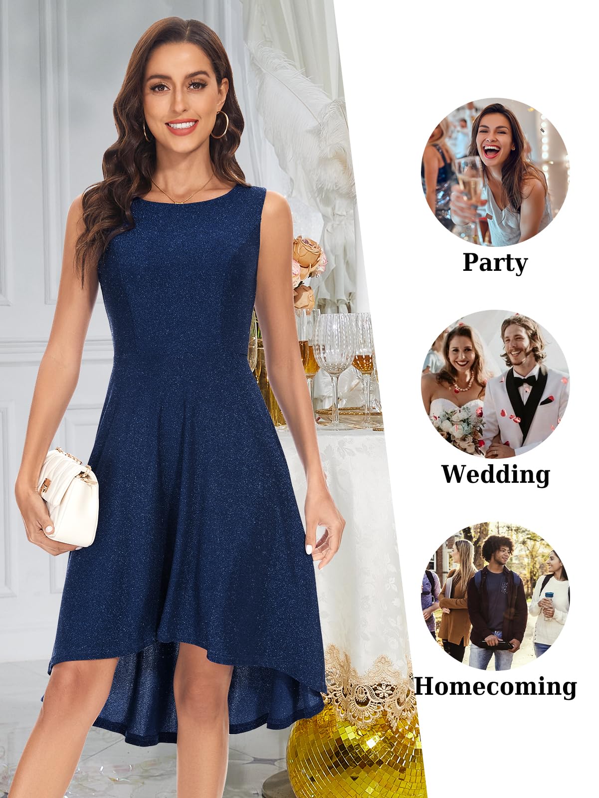 Bbonlinedress Women's Summer Sleeveless Glitter Swing Dress for Cocktail Party, Prom & Formal Occasions | Elegant Midi Dress for Night Out, Wedding Guest & Special Events