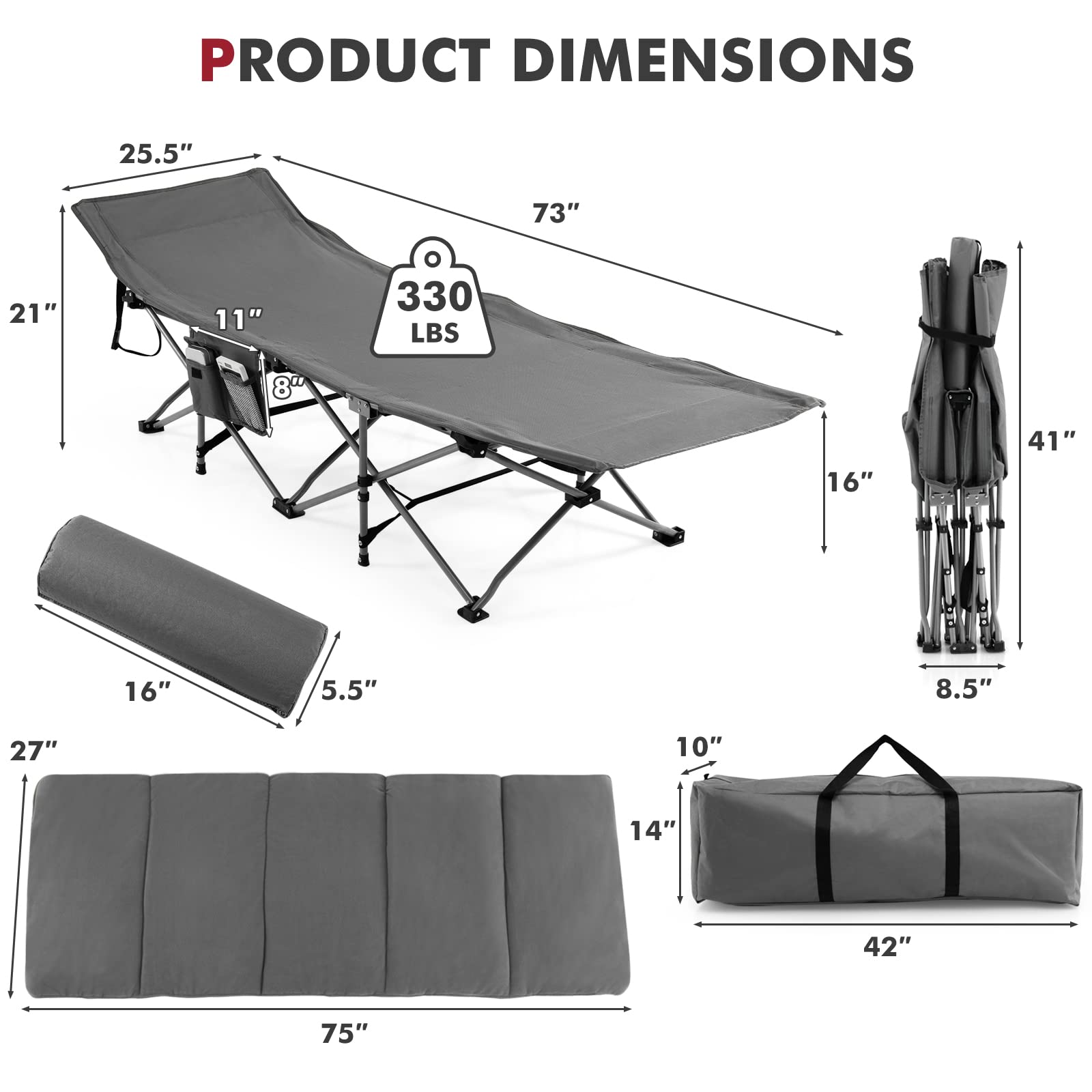 Tangkula Heavy Duty Folding Camping Cot for Adults - Portable Sleeping Cot with Removable Mattress & Pillow, Side Storage Pocket - Indoor Outdoor Cot Bed with Carry Bag - Perfect for Camping, Travel, Office Nap & Guest Bed (Grey)