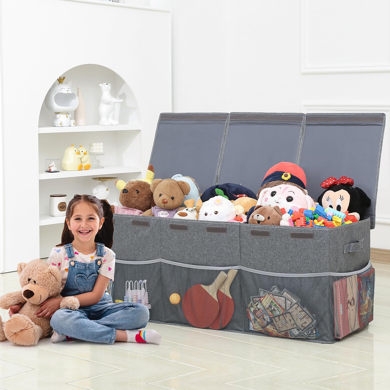 Extra Large Toy Storage Box with Mesh Pockets - Foldable Organizer Chest with Lid for Kids Toys, Nursery, Playroom & Office - Perfect for Organizing Stuffed Animals, Books & Toys (Boys & Girls)