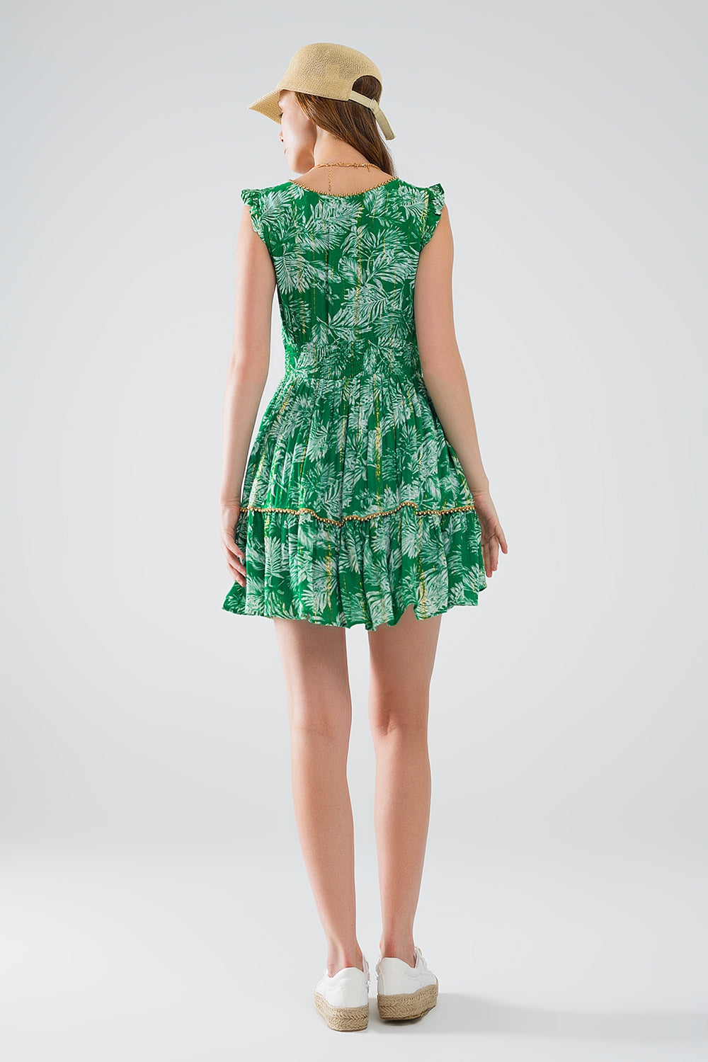 Boho Floral Print Short Green Robe with Lurex Details - Perfect for Spa Days, Lounging at Home, and Beach Cover-Ups